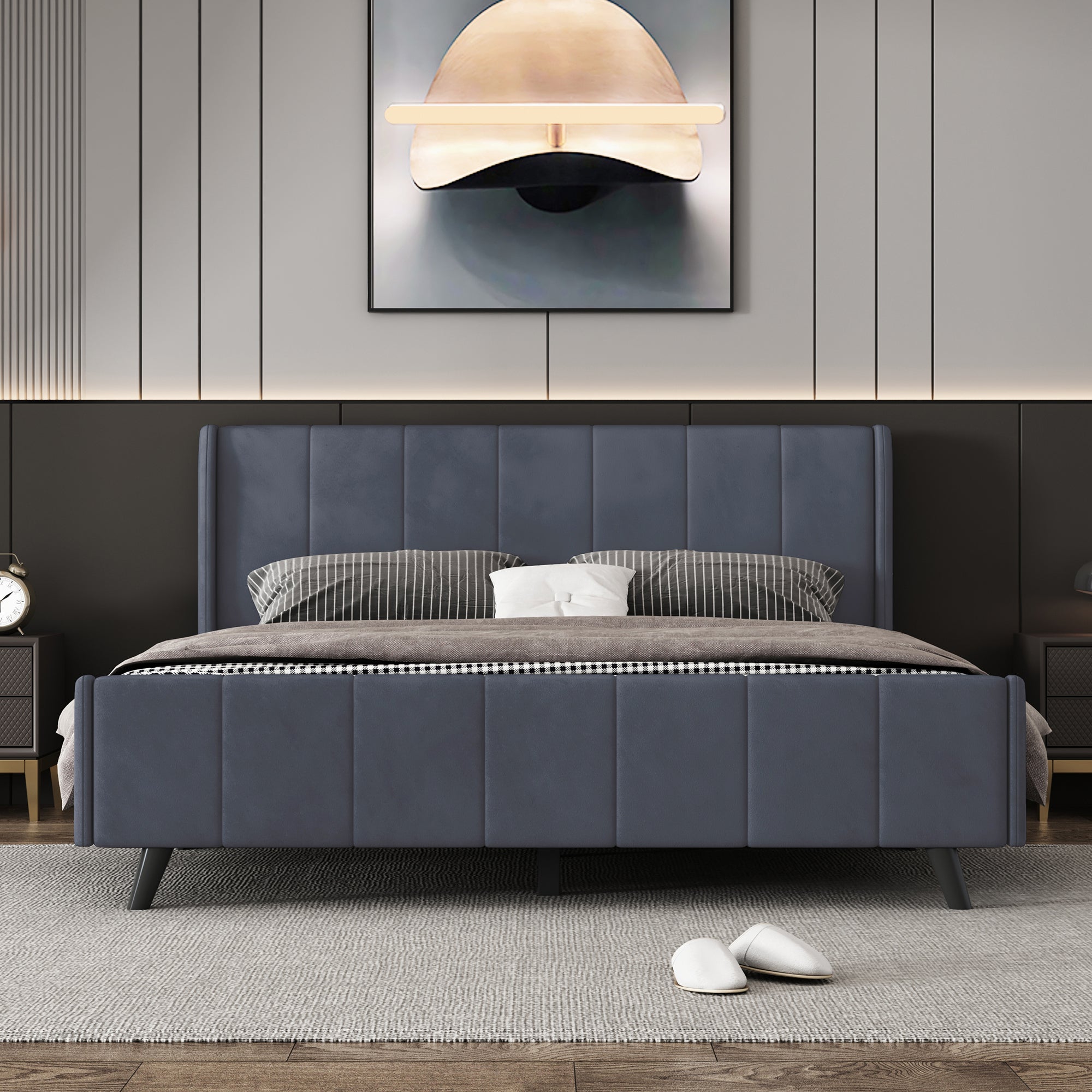 Queen Size Upholstered Platform Bed, Velvet, Gray - Atlantic Fine Furniture Melbourne FL