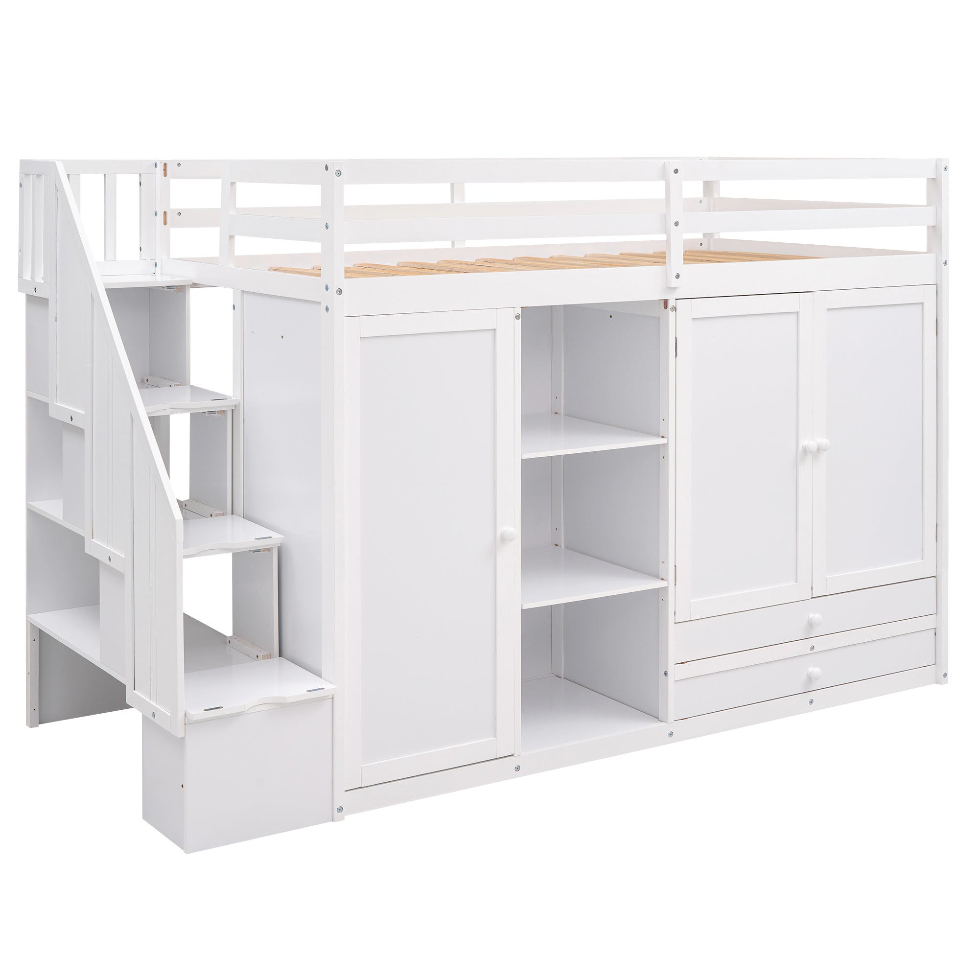 Functional Loft Bed with 3 Shelves, 2 Wardrobes and 2 Drawers, Ladder with Storage, No Box Spring Needed, White