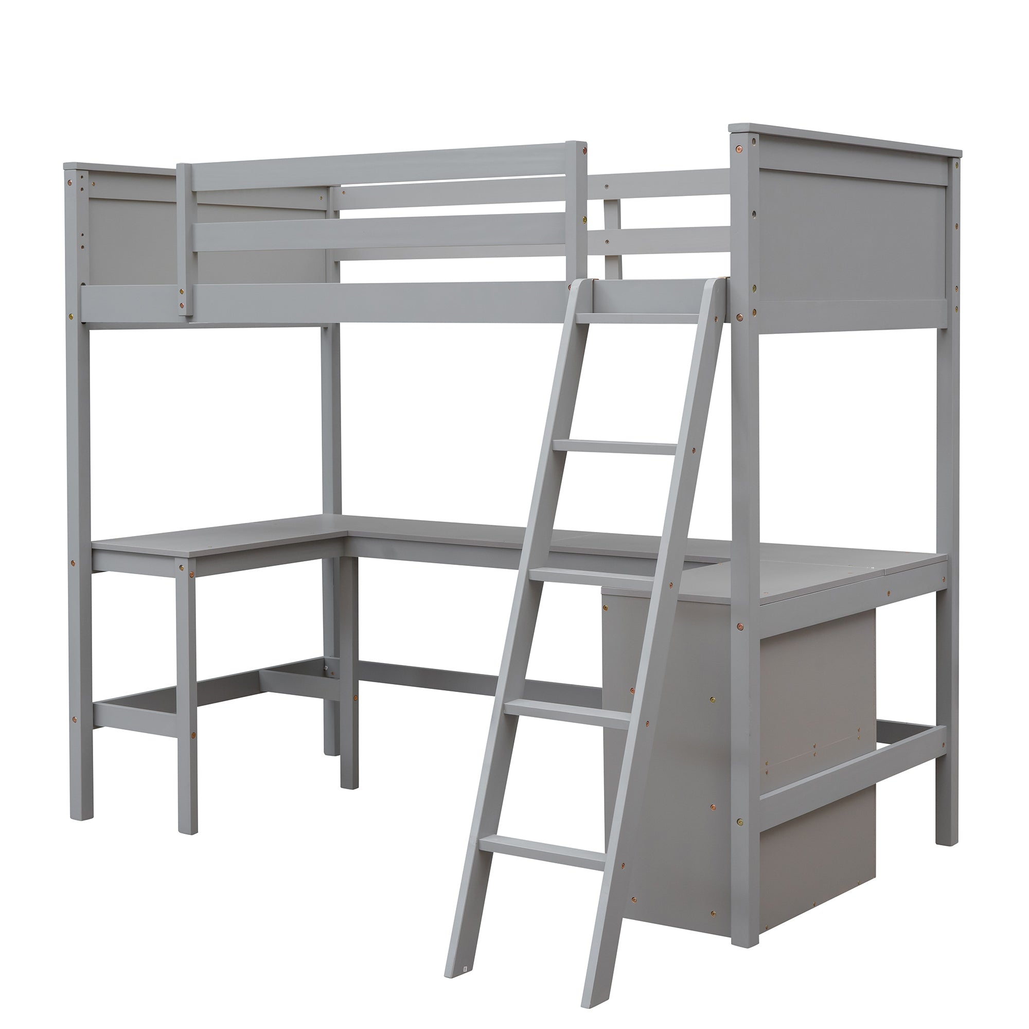 Twin size Loft Bed with Shelves and Desk, Wooden Loft Bed with Desk - Gray(OLD SKU:LT000537AAE) - Atlantic Fine Furniture Melbourne FL