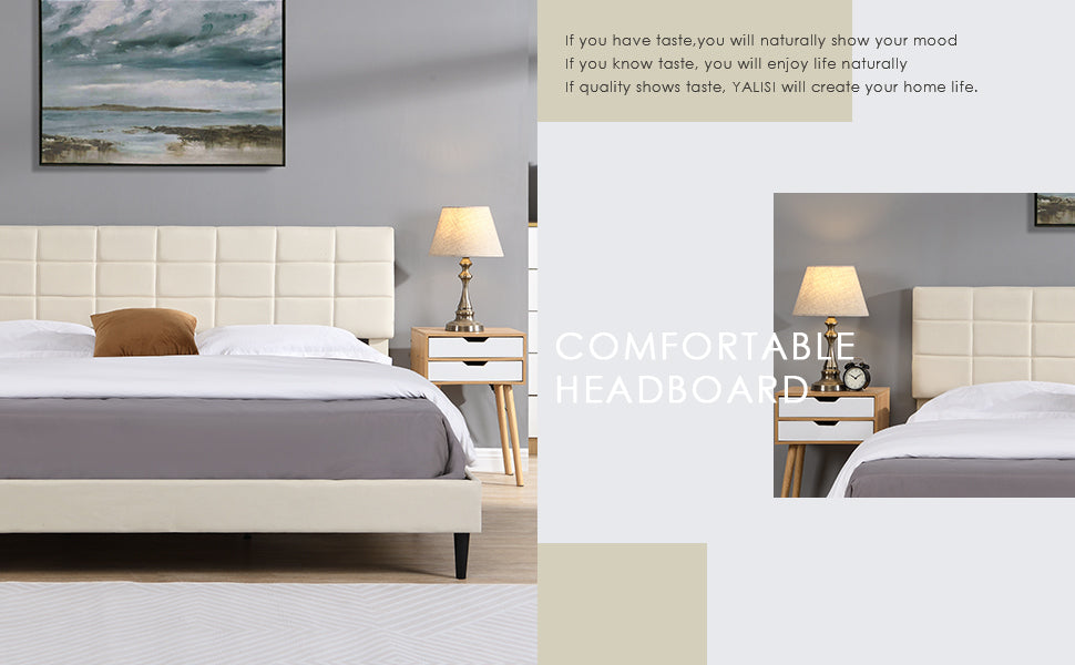 King Size Platform Bed Frame with Fabric Upholstered Headboard and Wooden Slats, No Box Spring Needed/Easy Assembly, Dark Beige - Atlantic Fine Furniture Melbourne FL