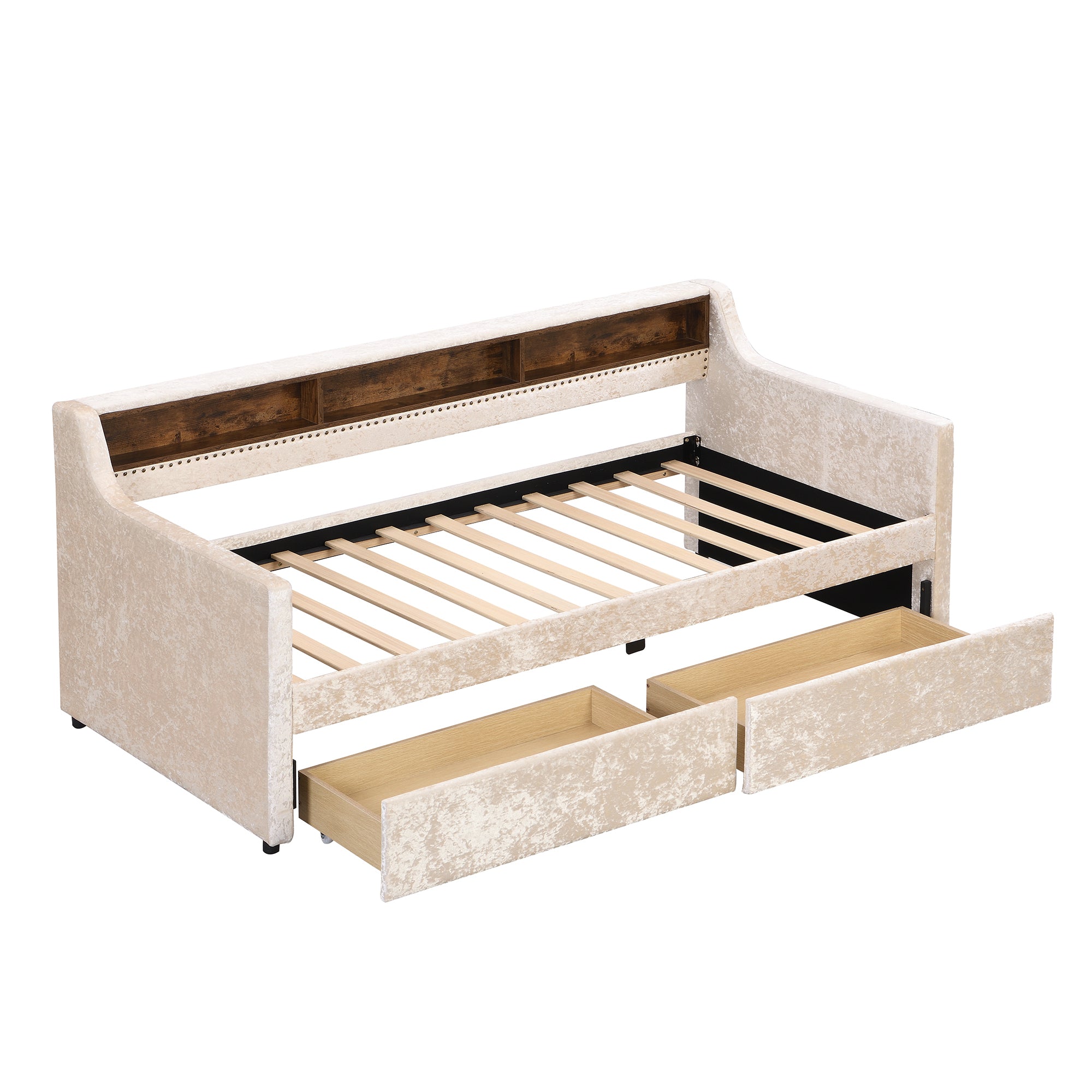 Twin Size Snowflake Velvet Daybed with Two Storage Drawers and Built-in Storage Shelves,Beige - Atlantic Fine Furniture Melbourne FL