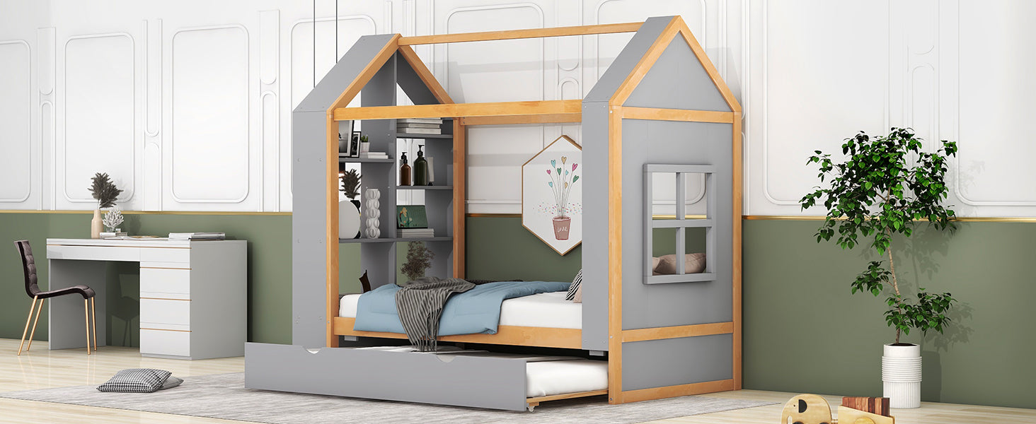 Twin Size House Platform Bed with Storage Shelves and Twin Size Trundle, Grey - Atlantic Fine Furniture Melbourne FL