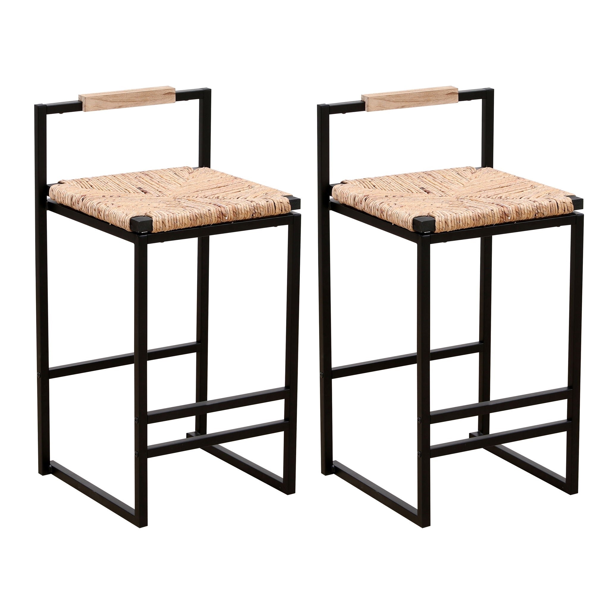 Woven Bar Stools With Back Support, Counter Height Dining Chairs (Set of 2)
