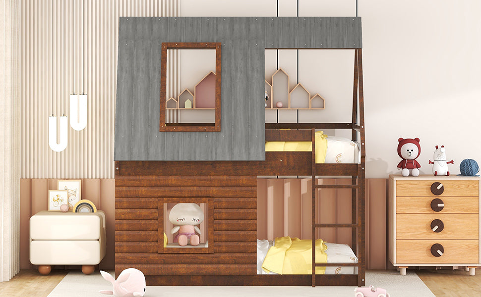 Wood Twin Size House Bunk Bed with Roof, Ladder and 2 Windows, Oak & Smoky Grey - Atlantic Fine Furniture Melbourne FL