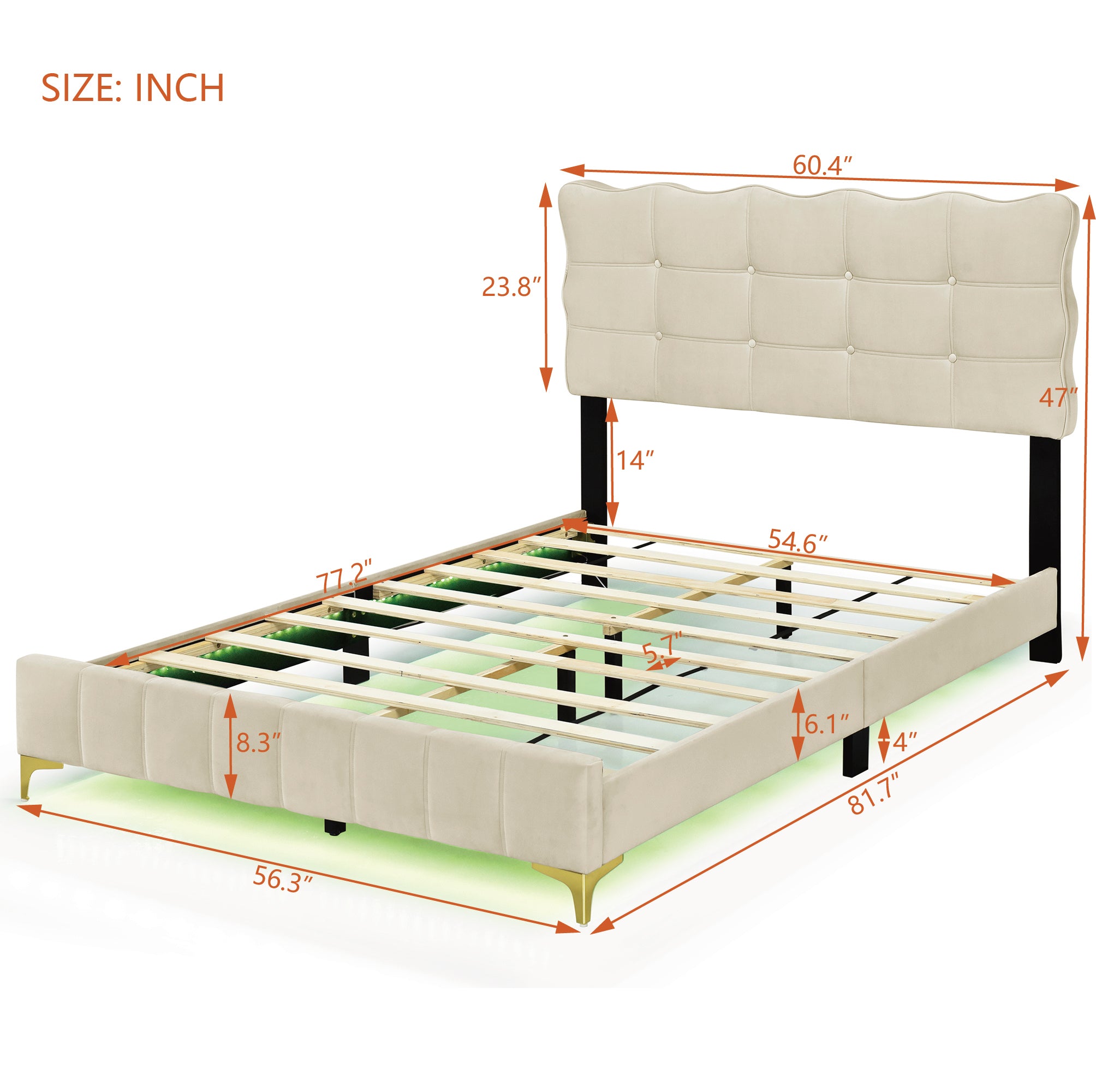 Full Size Velvet Platform Bed with LED Frame and Stylish Mental Bed Legs, Beige - Atlantic Fine Furniture Melbourne FL