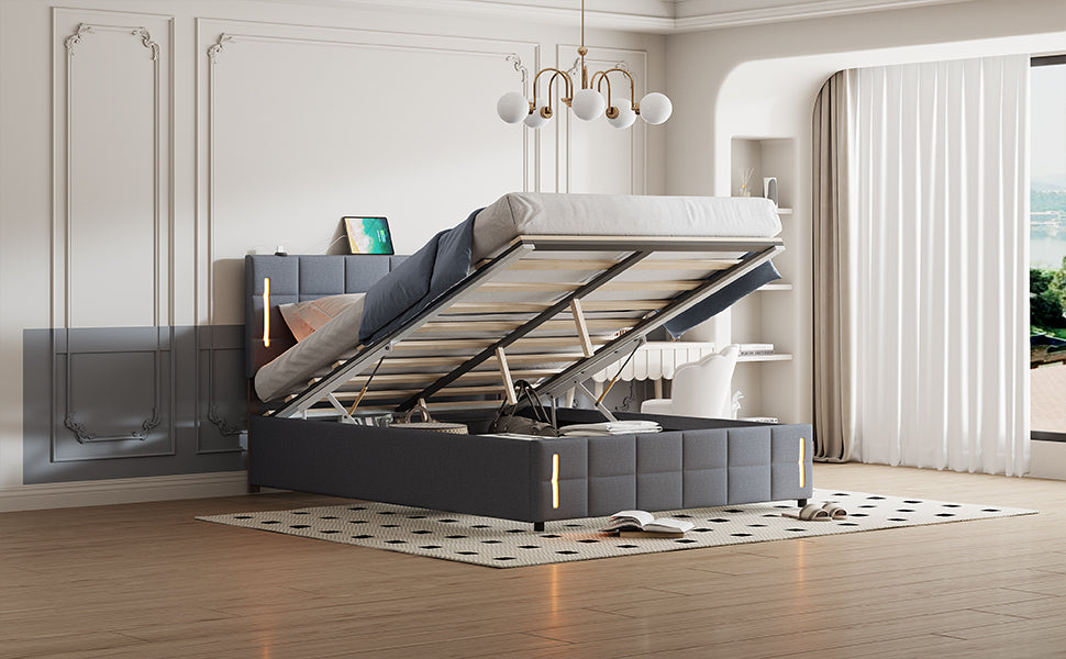 Queen Size Upholstered Bed with Hydraulic Storage System and LED Light, Gray - Atlantic Fine Furniture Melbourne FL