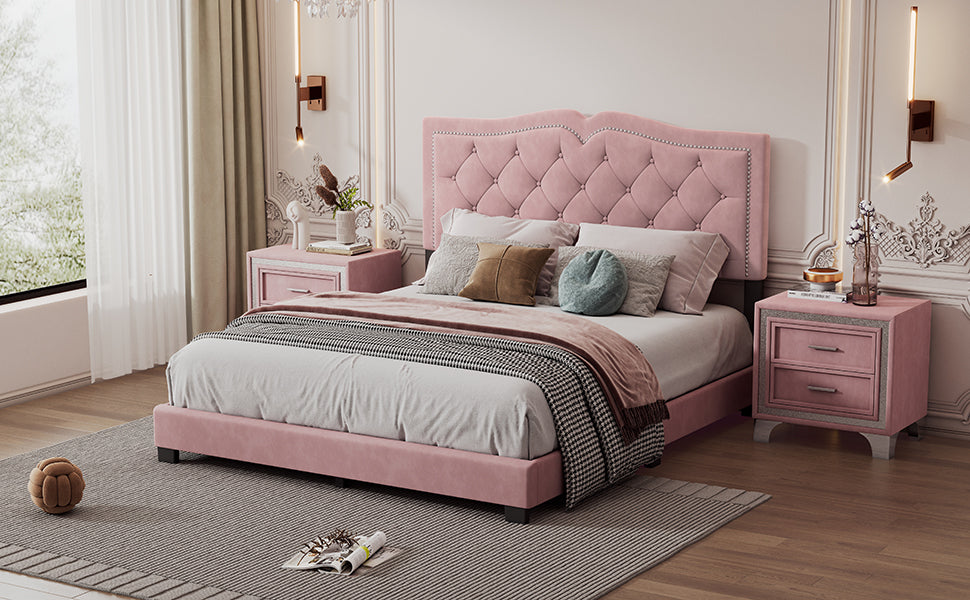 Queen Size Upholstered Bed Frame with Rivet Design, Modern Velvet Platform Bed with Tufted Headboard,Pink - Atlantic Fine Furniture Melbourne FL