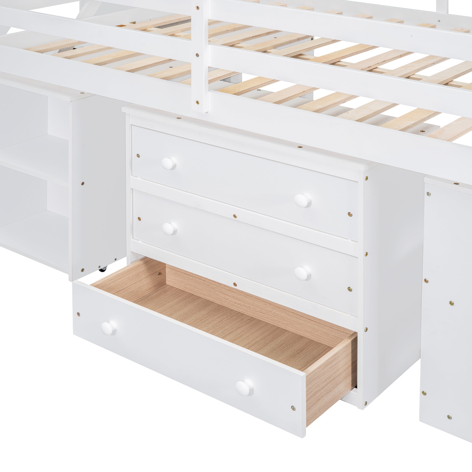 Full Size Loft Bed with Retractable Writing Desk and 3 Drawers, Wooden Loft Bed with Storage Stairs and Shelves, White - Atlantic Fine Furniture Melbourne FL