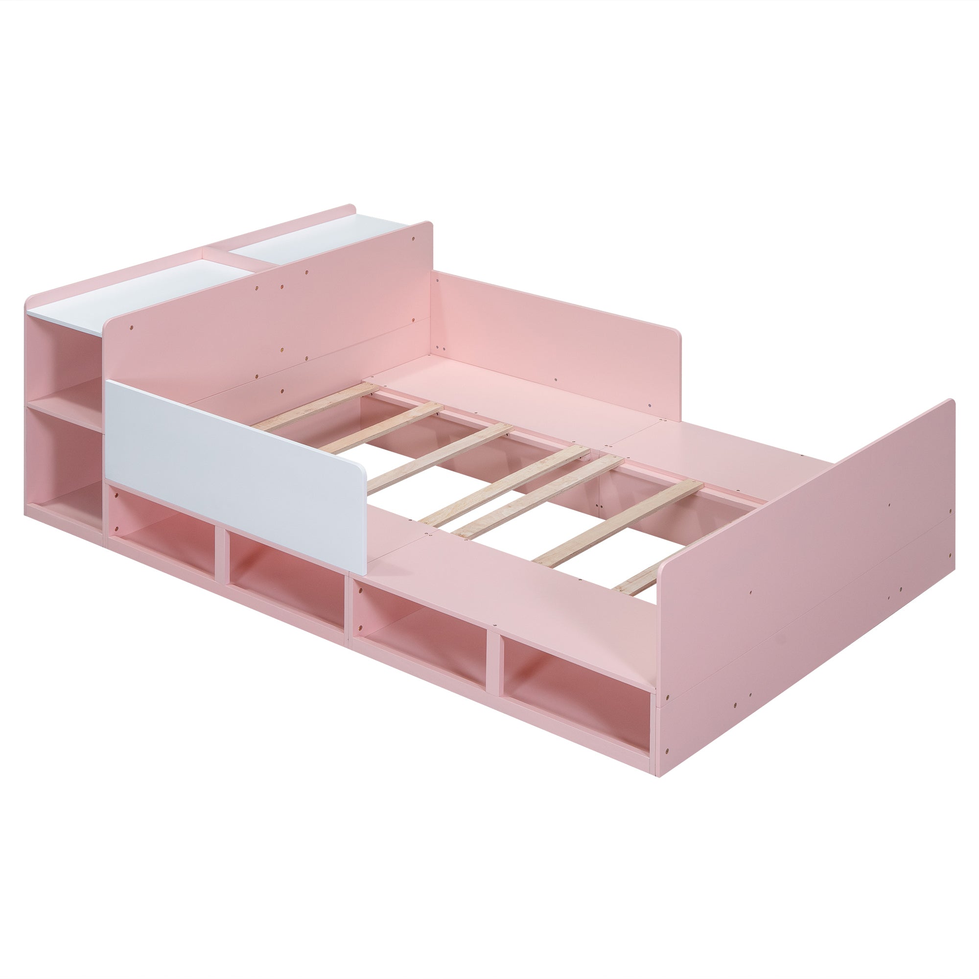 Wood Full Size Platform Bed with Storage Headboard, Guardrails and 4 Underneath Cabinets, Pink - Atlantic Fine Furniture Melbourne FL