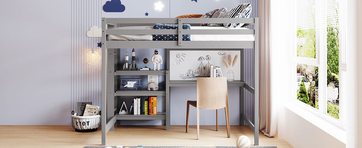 Full Size Wooden Loft Bed with Shelves, Desk and Writing Board - Gray - Atlantic Fine Furniture Melbourne FL