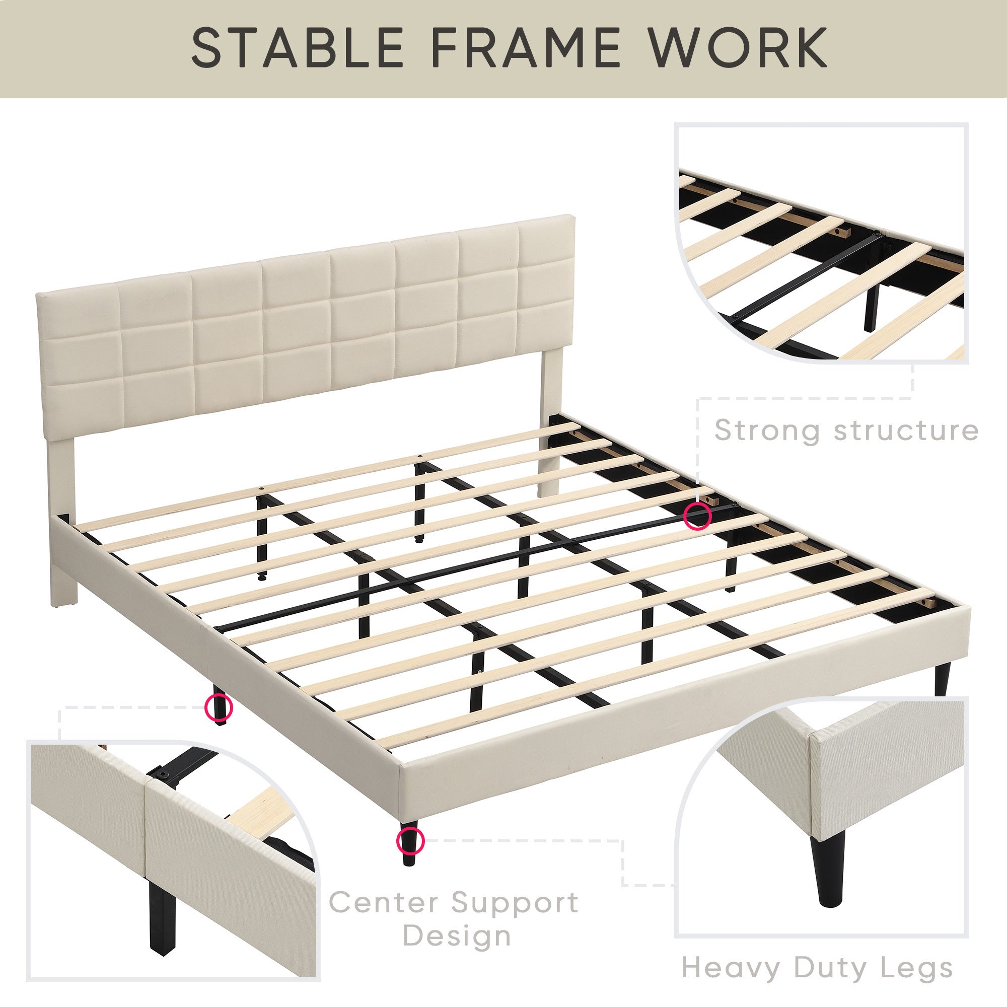 King Size Platform Bed Frame with Fabric Upholstered Headboard and Wooden Slats, No Box Spring Needed/Easy Assembly, Dark Beige - Atlantic Fine Furniture Melbourne FL