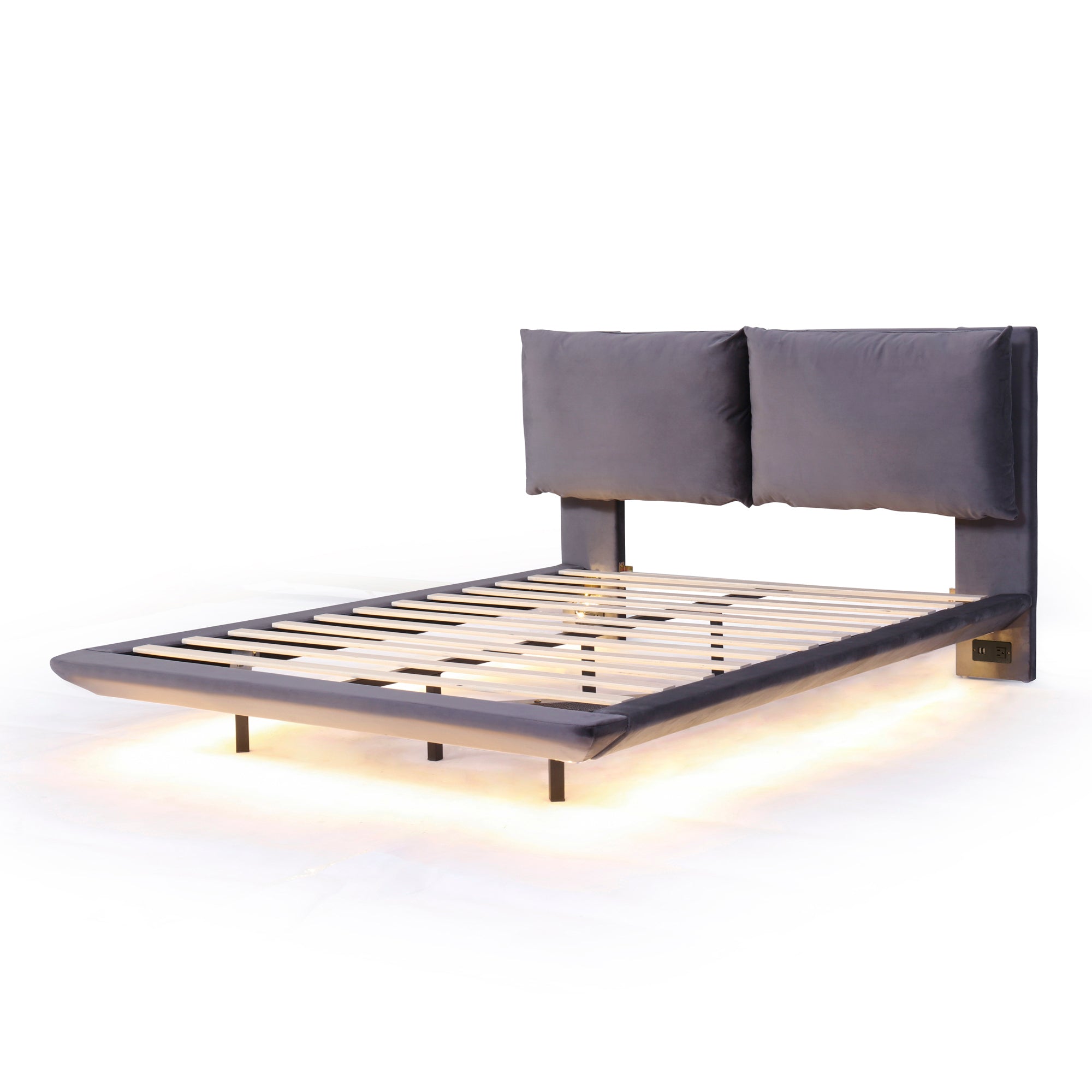 Queen Size Upholstered Platform Bed with Sensor Light and 2 Large Backrests, Stylish Platform Bed with 2 sets of USB Port and Socket on each rear Bed Leg, Gray - Atlantic Fine Furniture Melbourne FL