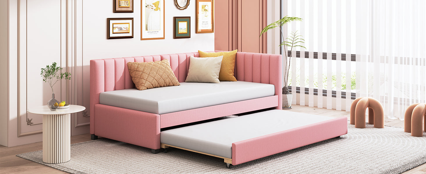 Upholstered Daybed with Trundle Twin Size Sofa Bed Frame No Box Spring Needed, Linen Fabric(Pink) - Atlantic Fine Furniture Melbourne FL
