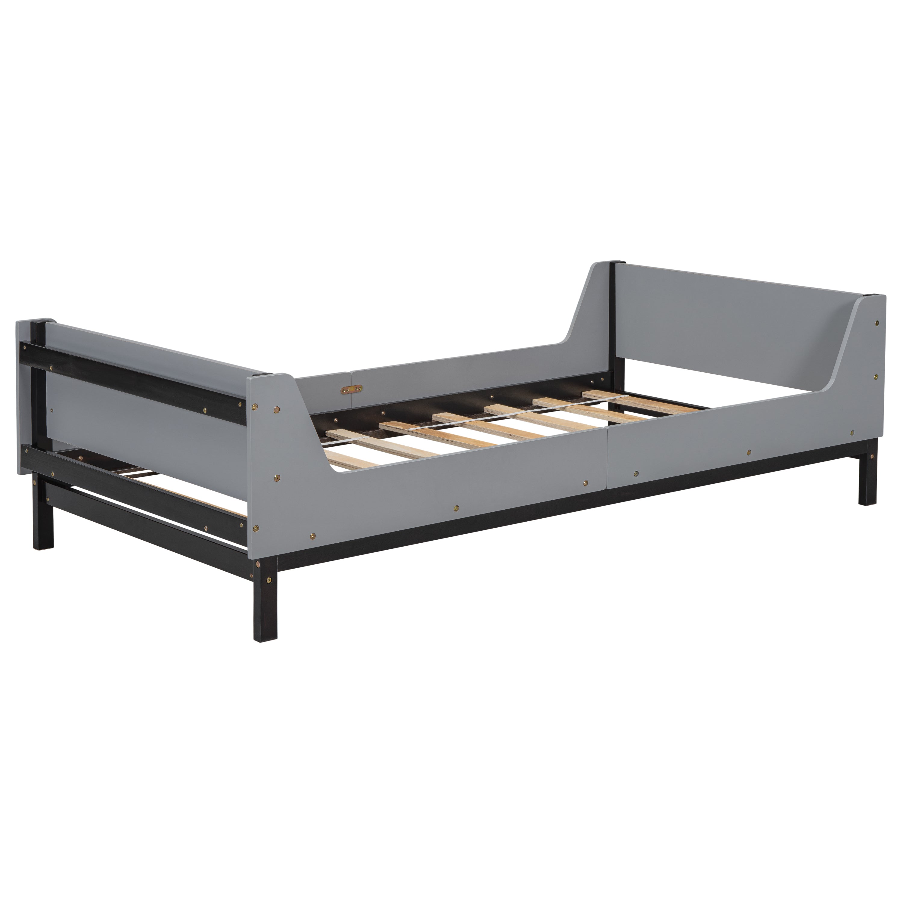 Twin Bed with Headboard, Footboard, Safeguards, Built-in Bed-end Book Storage Rack ,Grey