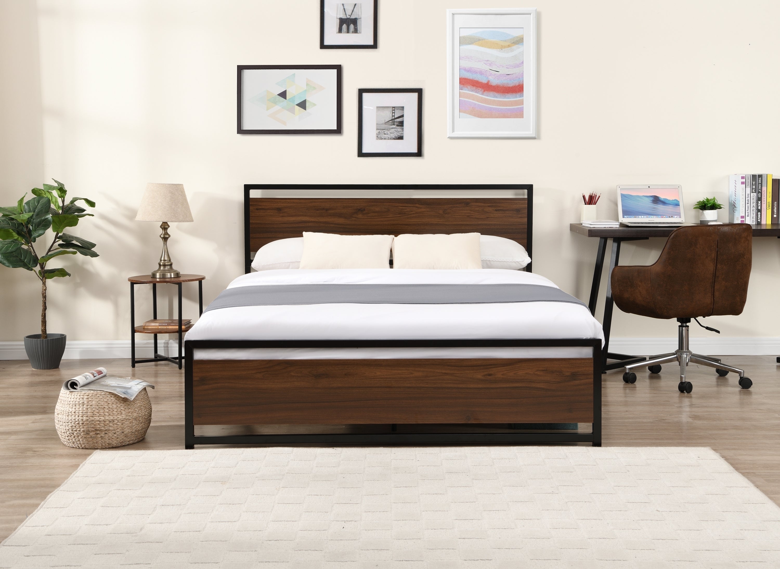 Industrial Platform Queen Bed Frame/Mattress Foundation with Rustic Headboard and Footboard, Strong Steel Slat Support, No Box Spring Needed, Noise Free, Easy Assembly