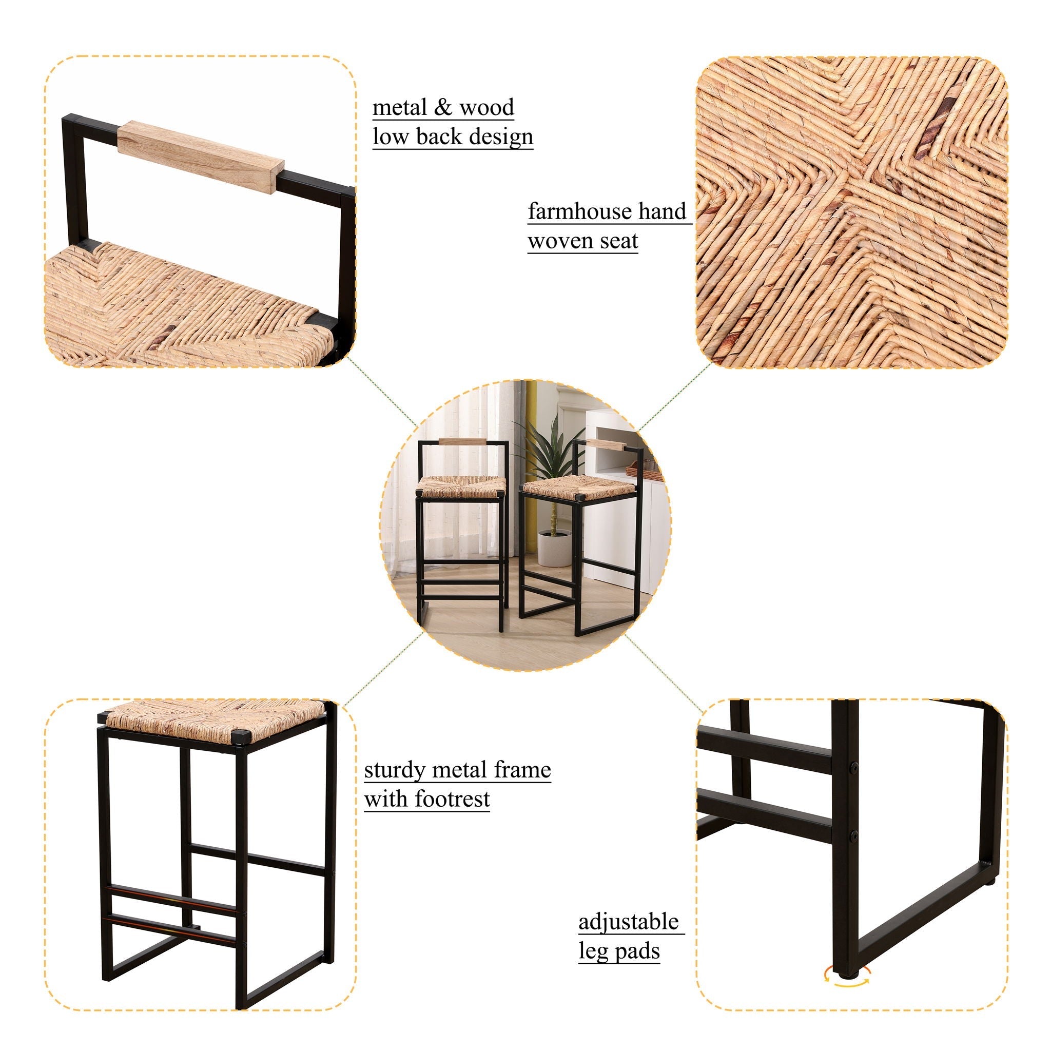 Woven Bar Stools With Back Support, Counter Height Dining Chairs (Set of 2)