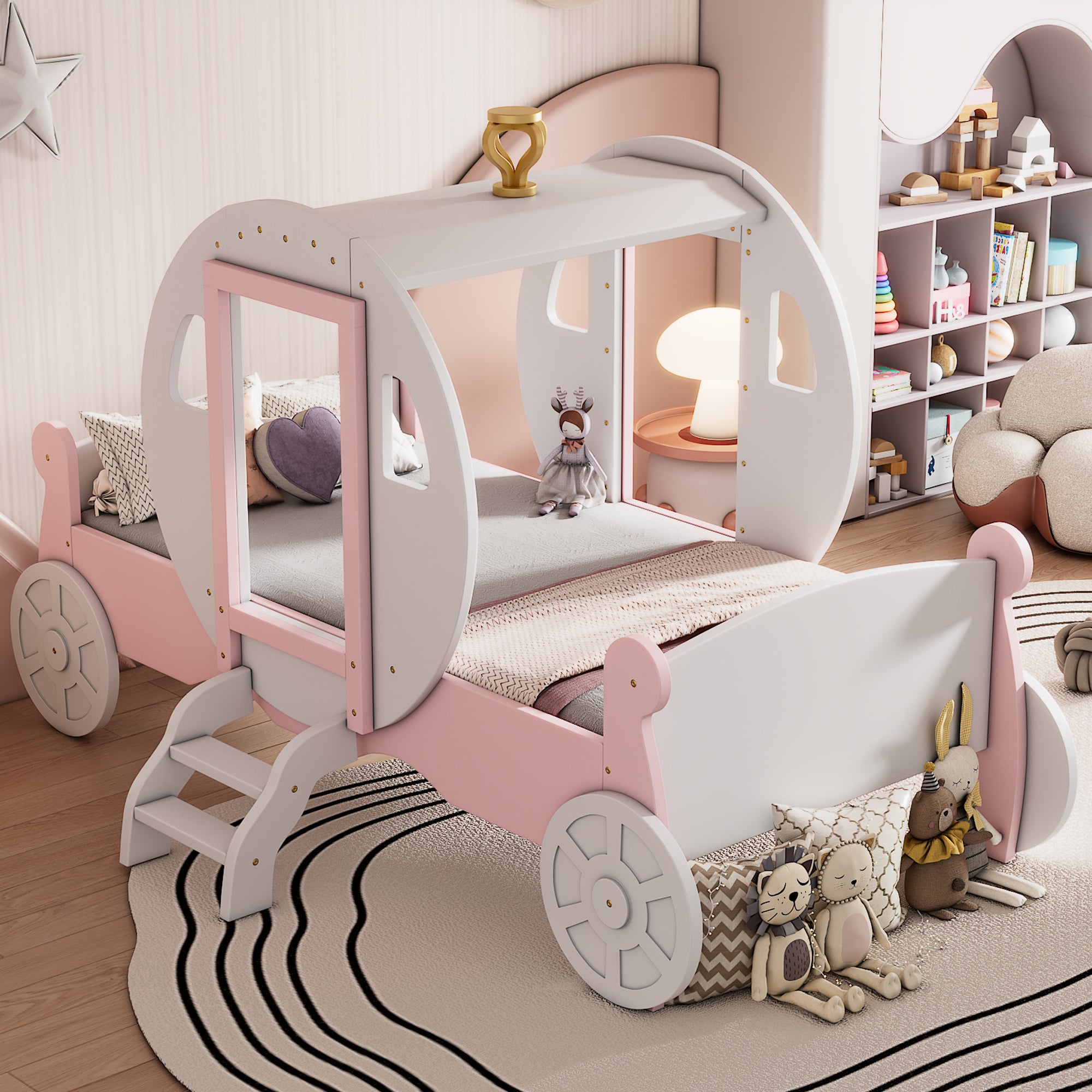 Twin size Princess Carriage Bed with Crown ,Wood Platform Car Bed with Stair,White+Pink - Atlantic Fine Furniture Melbourne FL