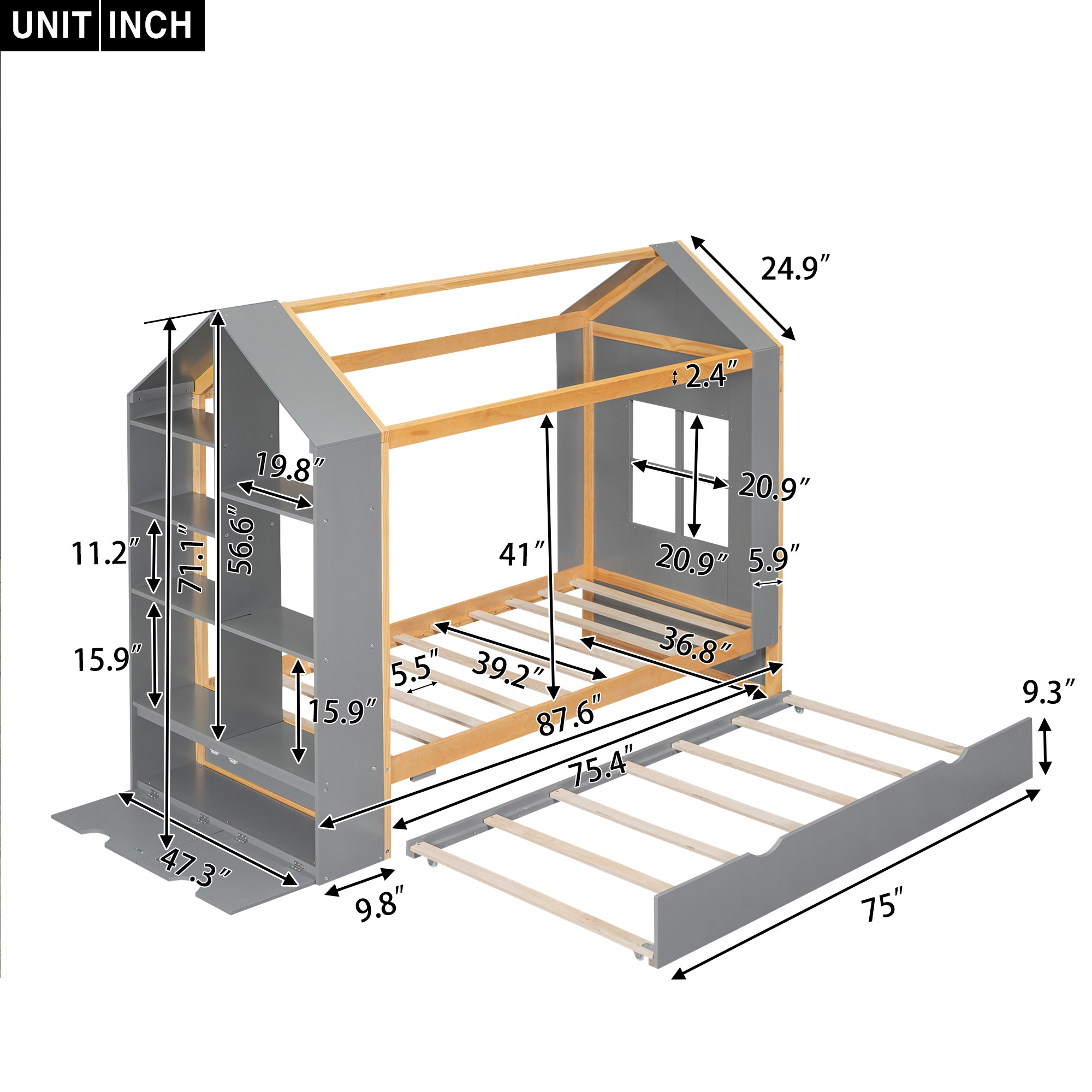 Twin Size House Platform Bed with Storage Shelves and Twin Size Trundle, Grey - Atlantic Fine Furniture Melbourne FL