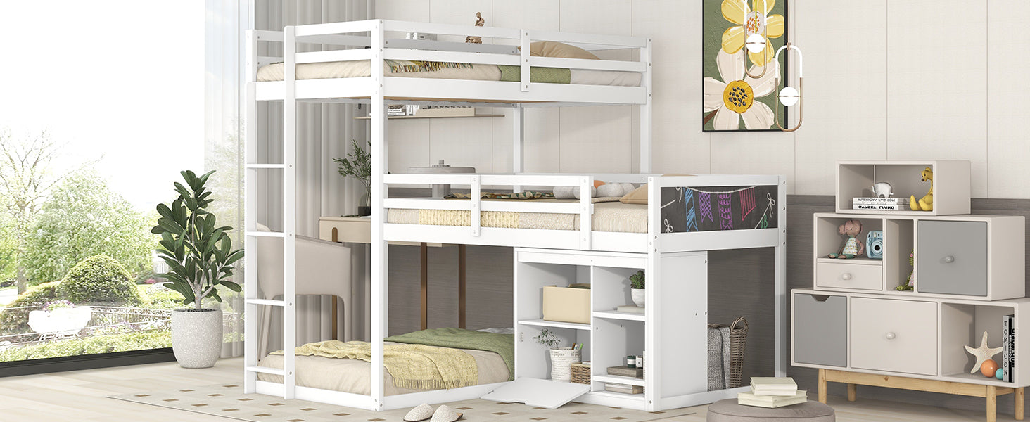 L-shaped Wood Triple Twin Size Bunk Bed with Storage Cabinet and Blackboard, Ladder, White