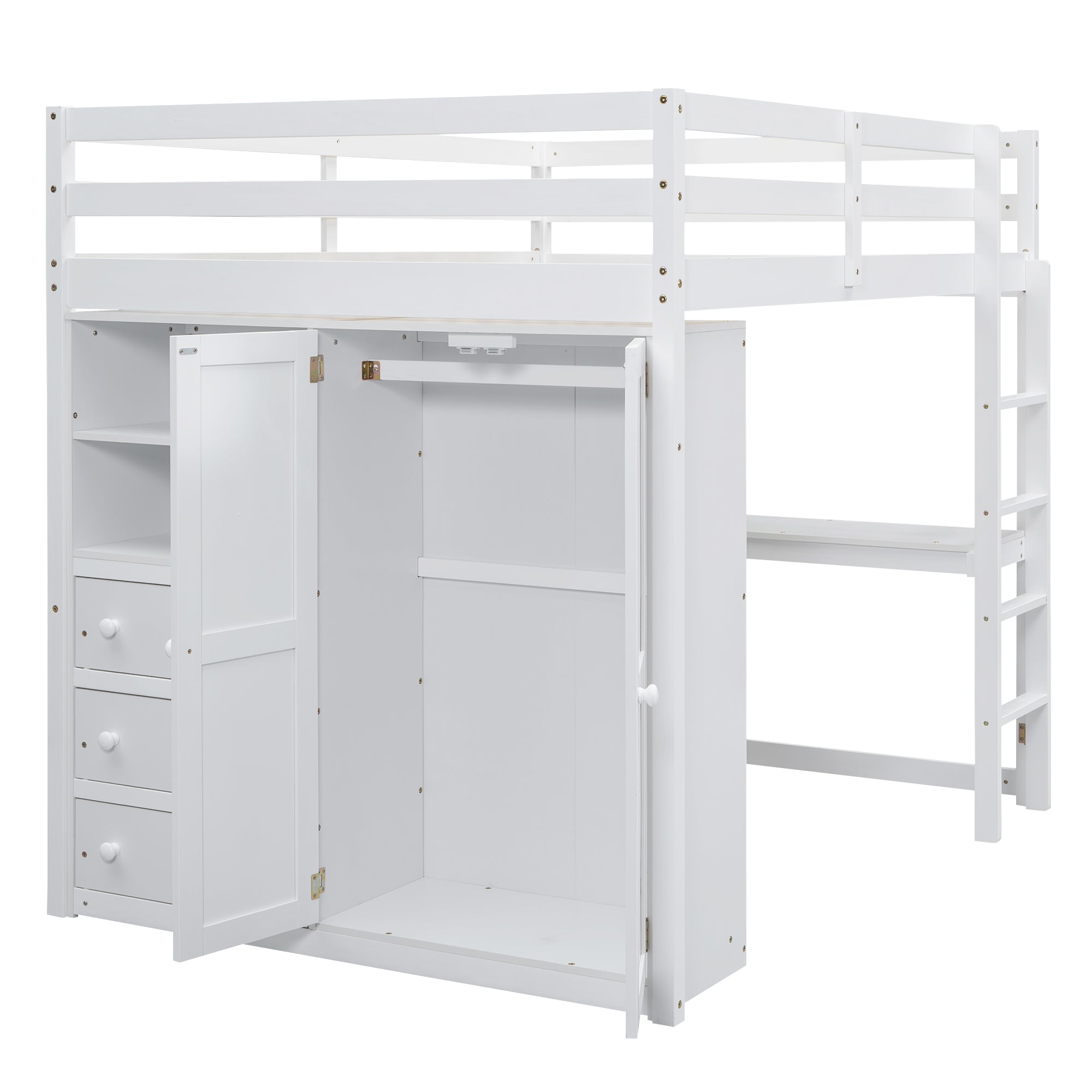 Wood Full Size Loft Bed with Built-in Wardrobe, Desk, Storage Shelves and Drawers, White - Atlantic Fine Furniture Melbourne FL