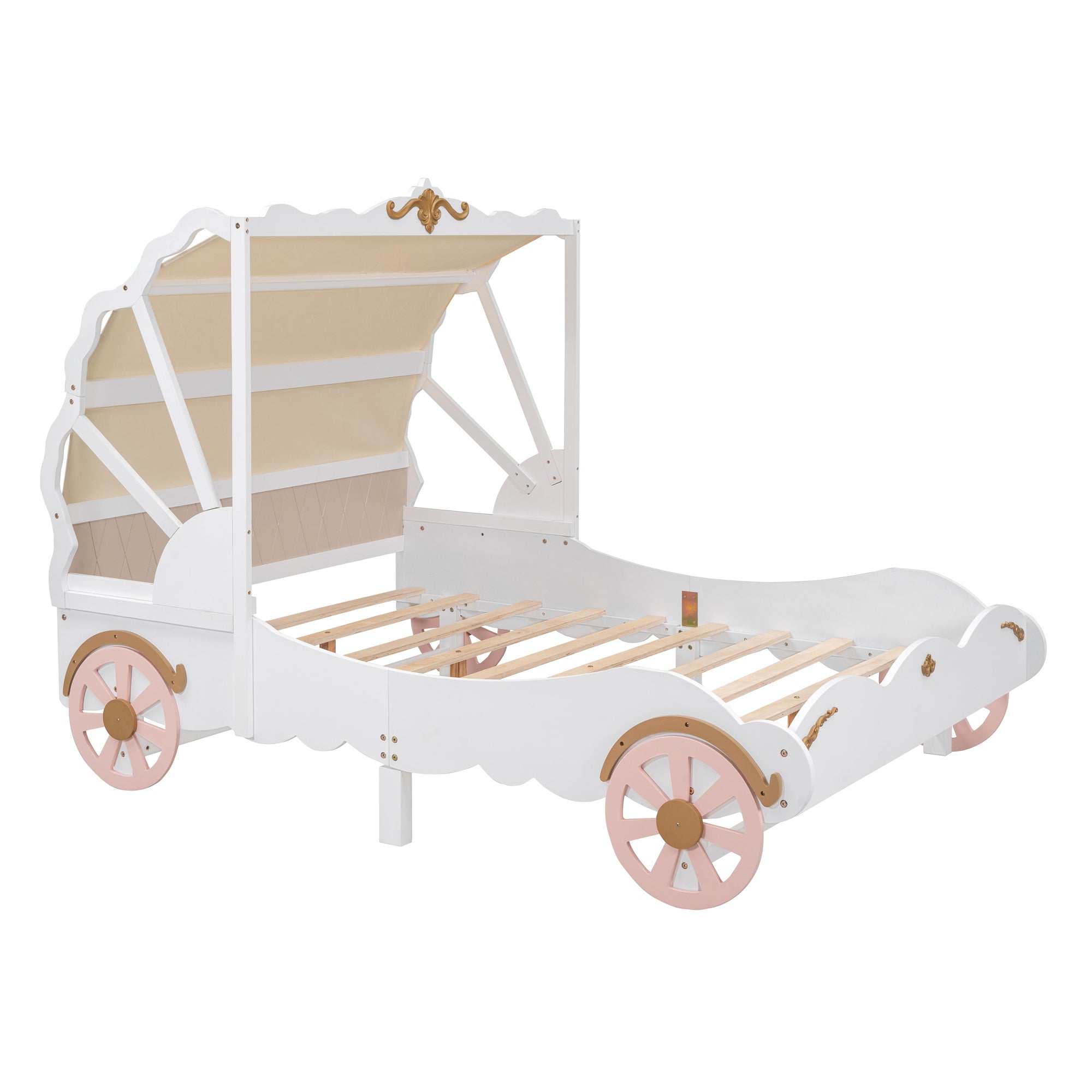 Full Size Princess Carriage Bed with Canopy, Wood Platform Car Bed with 3D Carving Pattern, White+Pink+Gold - Atlantic Fine Furniture Melbourne FL
