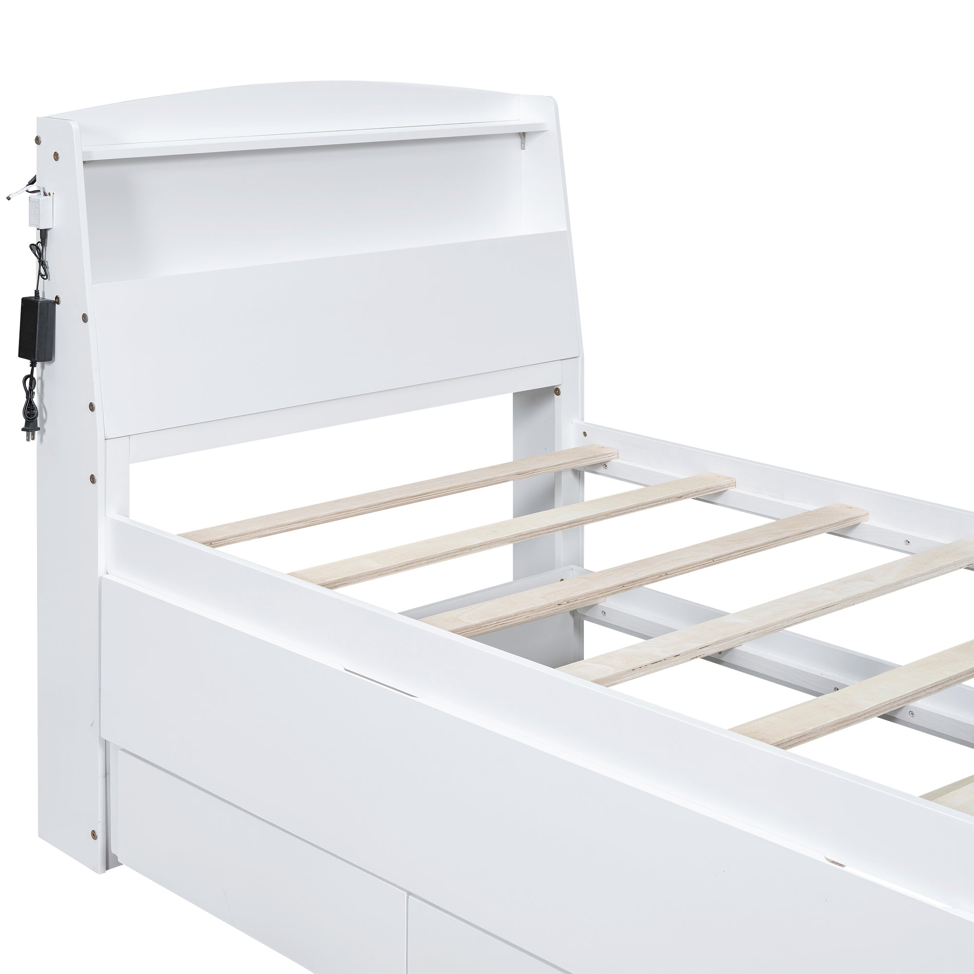 Twin Size Platform Bed with Storage LED Headboard, Twin Size Trundle and 3 Drawers, White - Atlantic Fine Furniture Melbourne FL