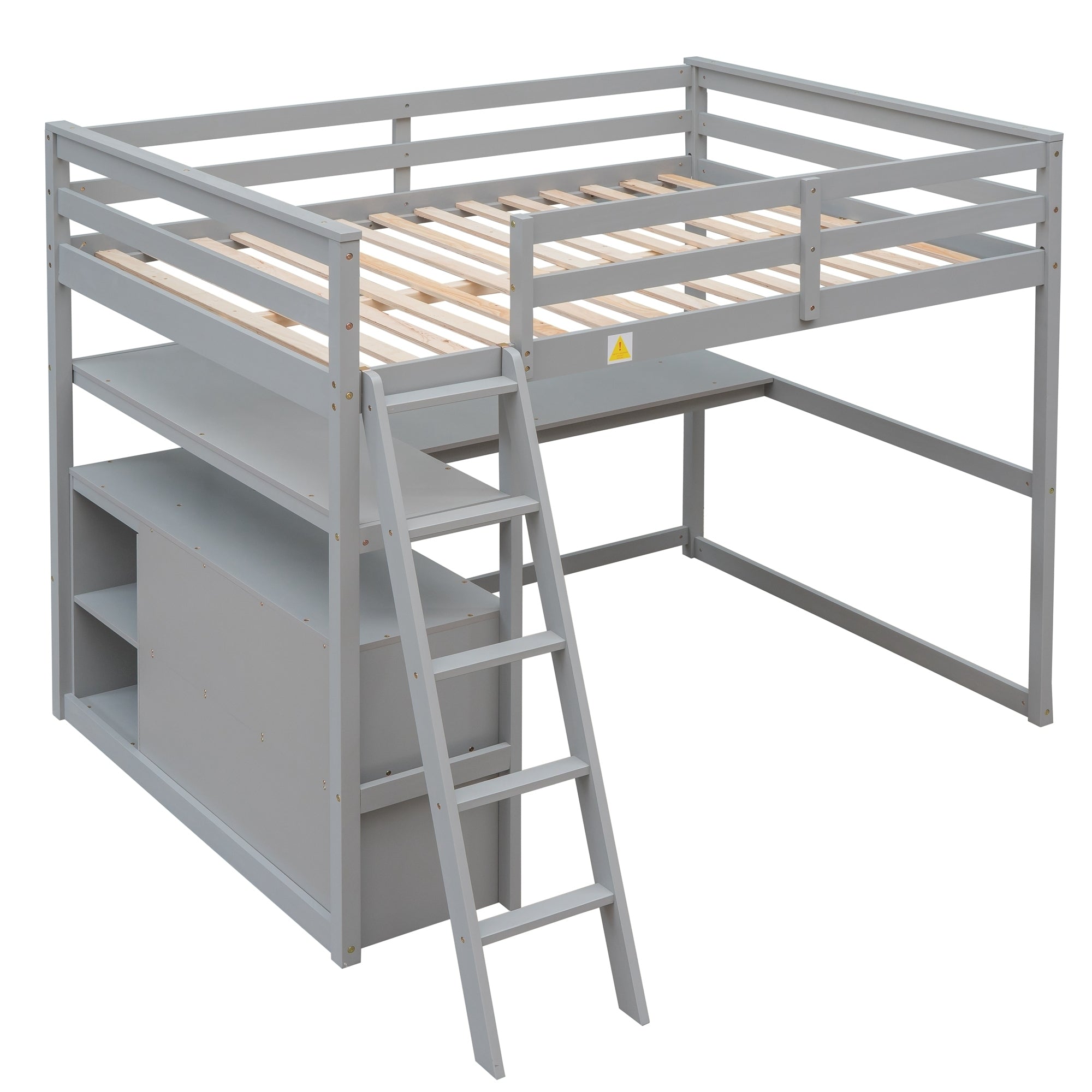 Full Size Loft Bed with Desk and Shelves,Two Built-in Drawers,Gray