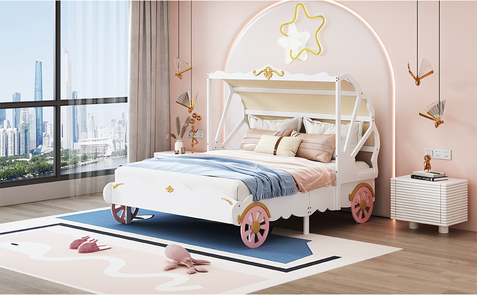 Full Size Princess Carriage Bed with Canopy, Wood Platform Car Bed with 3D Carving Pattern, White+Pink+Gold - Atlantic Fine Furniture Melbourne FL