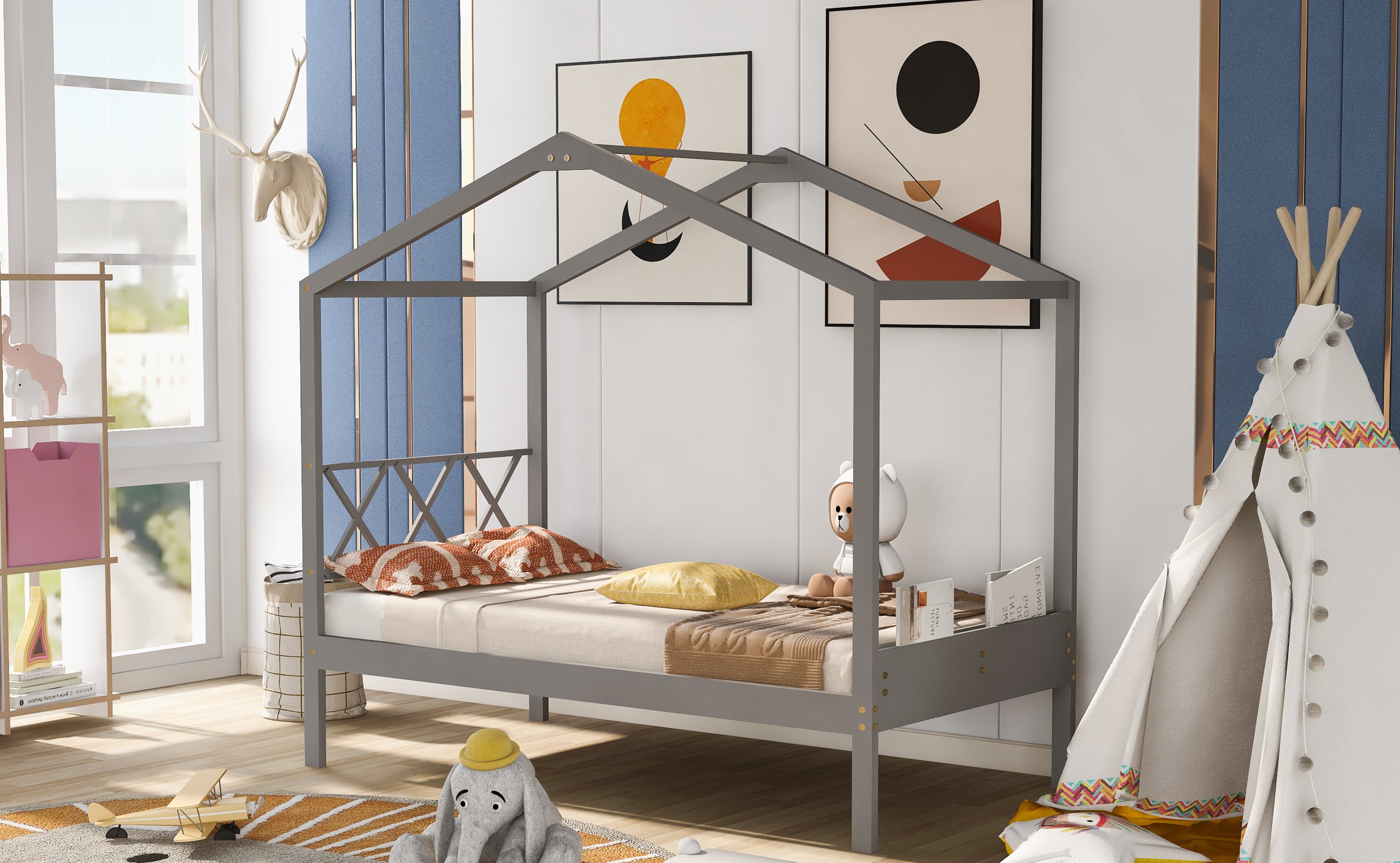 Twin Size Wood House Bed with Storage Space, Gray(OLD SKU: LP000001AAE) - Atlantic Fine Furniture Melbourne FL