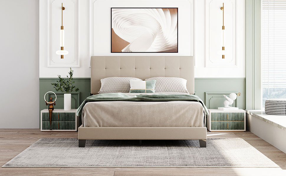 Upholstered Platform Bed with Tufted Headboard, Box Spring Needed, Beige Linen Fabric, Queen Size - Atlantic Fine Furniture Melbourne FL
