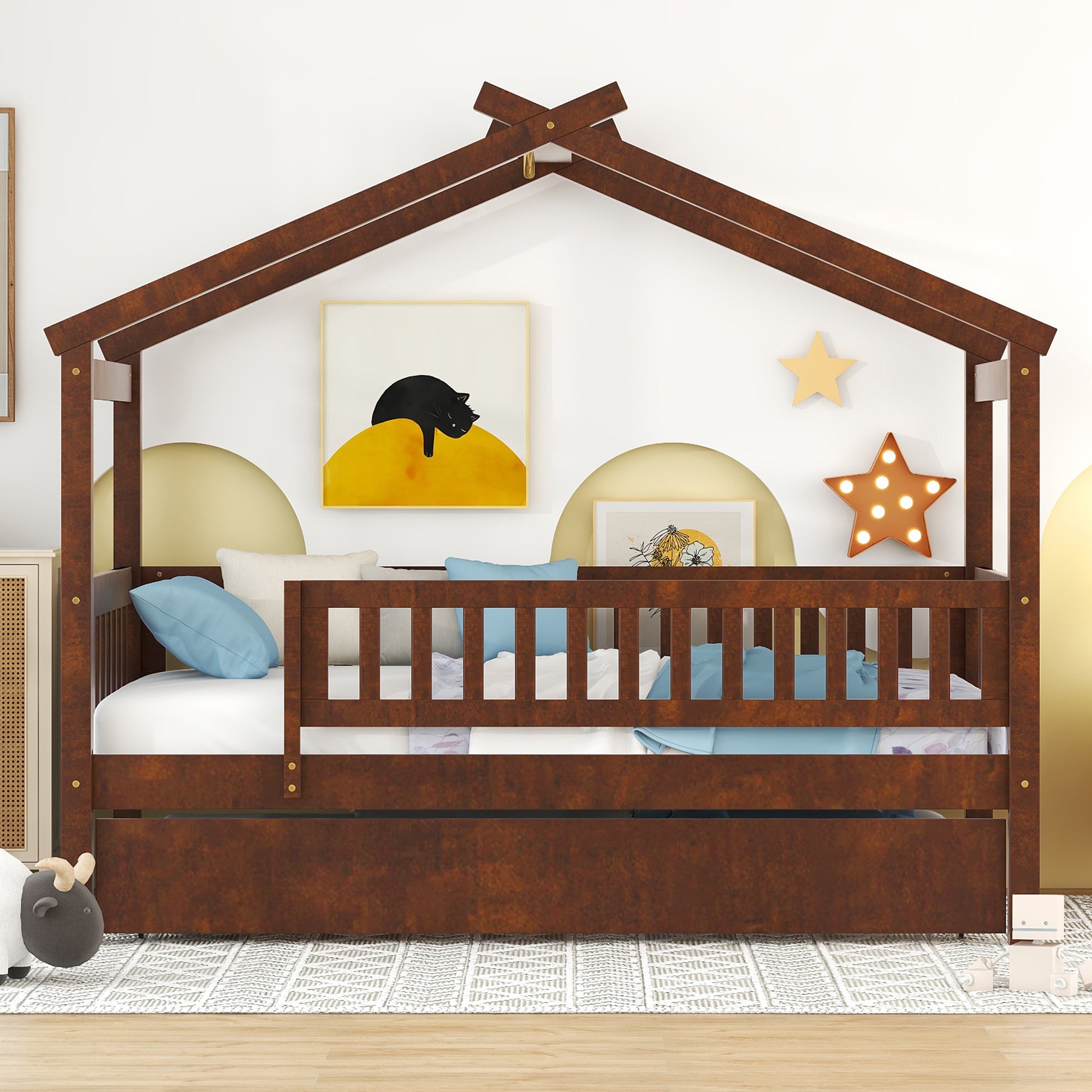 Twin Size Wooden House Bed with Twin Size Trundle, Walnut - Atlantic Fine Furniture Melbourne FL