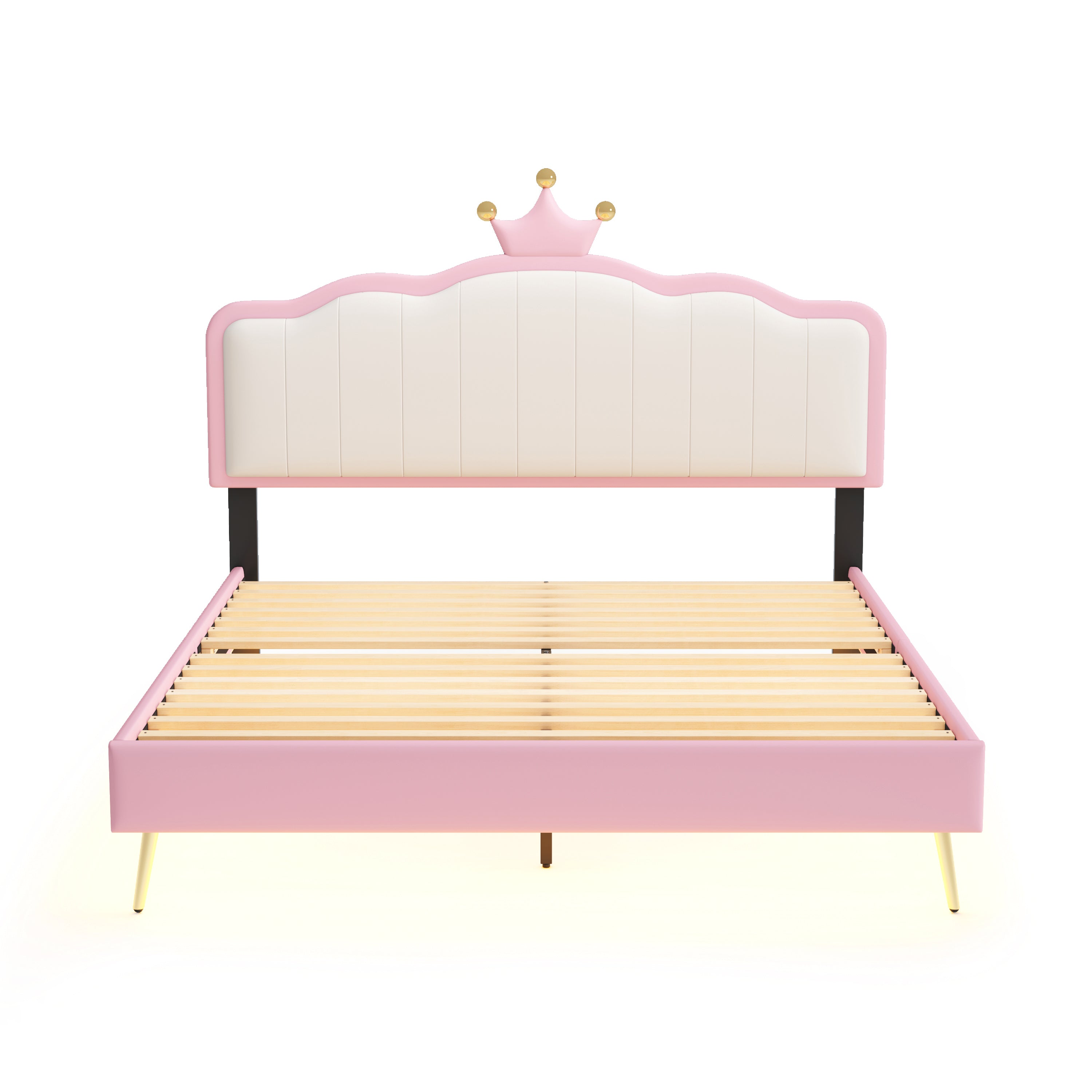 Full size Upholstered Princess Bed With Crown Headboard,Full Size Platform Bed with Headboard and Footboard with Light Strips,Golden Metal Legs, White+Pink - Atlantic Fine Furniture Melbourne FL