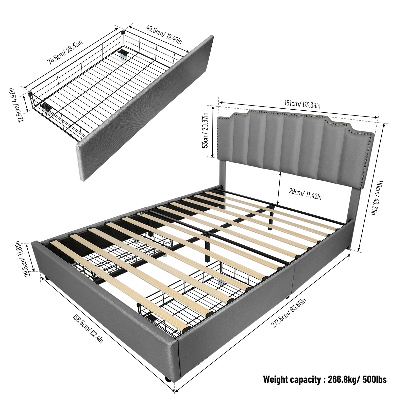 Queen Size Upholstered Platform Bed Linen Bed Frame with 2 Drawers Stitched Padded Headboard with Rivets Design Strong Bed Slats System No Box Spring Needed Grey - Atlantic Fine Furniture Melbourne FL