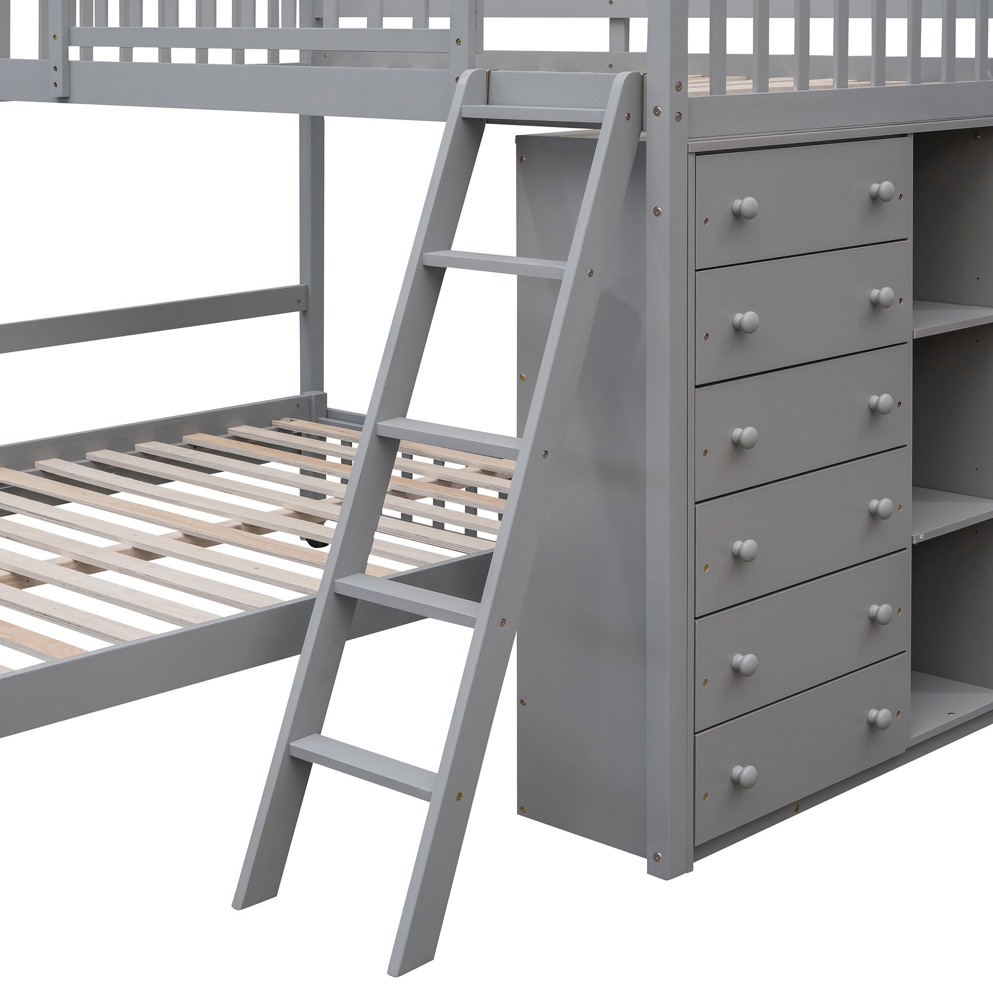 Wooden Twin Over Full Bunk Bed With Six Drawers And Flexible Shelves,Bottom Bed With Wheels,Gray(OLD SKU:LP000531AAE) - Atlantic Fine Furniture Melbourne FL