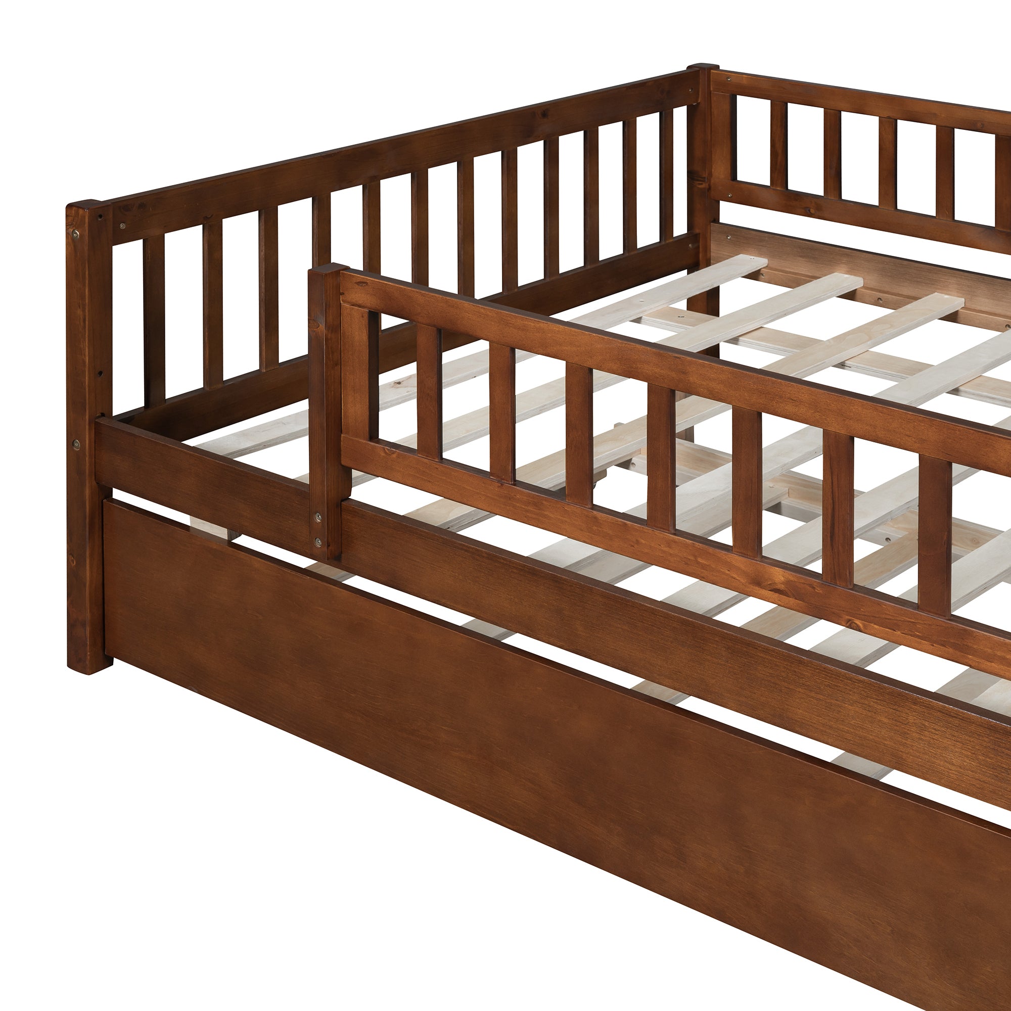 Full Size Wood Daybed with Trundle and Fence Guardrails, Walnut - Atlantic Fine Furniture Melbourne FL