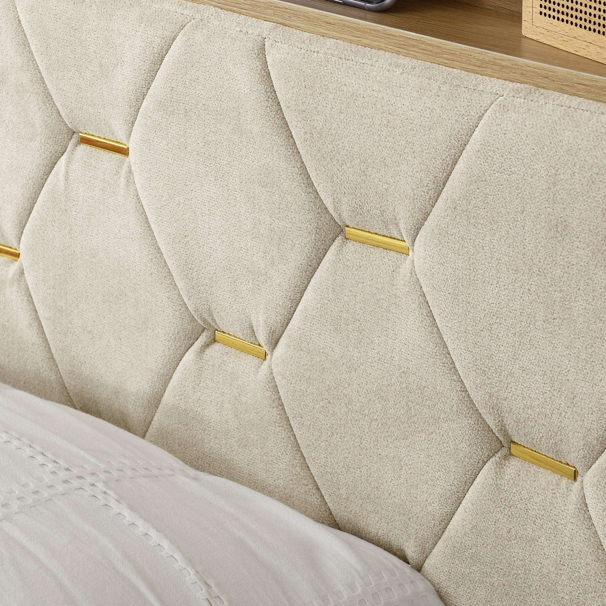 Queen Size Bed Frame, Shelf Upholstered Headboard, Platform Bed with Outlet & USB Ports, Wood Legs, No Box Spring Needed, Easy Assembly, Beige - Atlantic Fine Furniture Melbourne FL