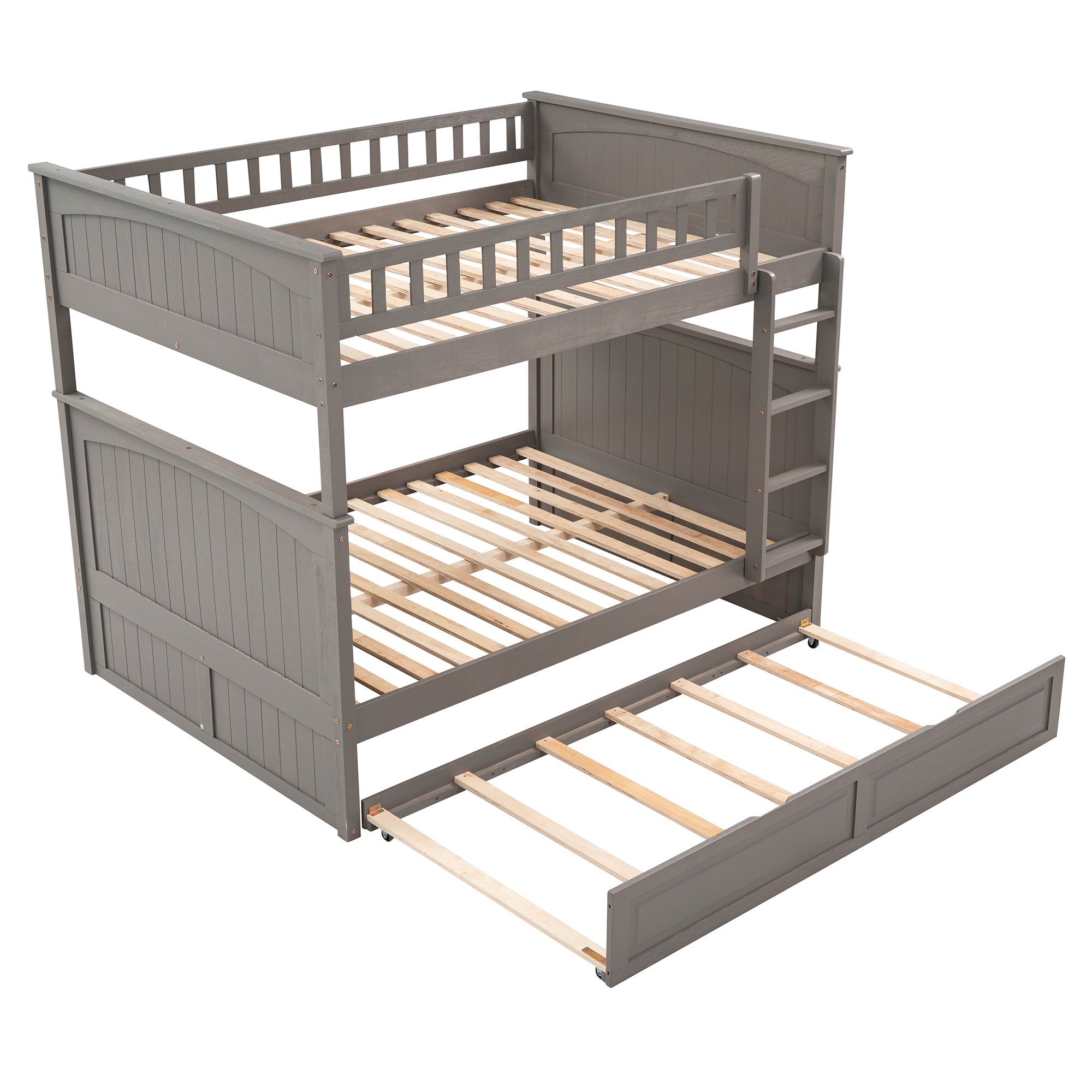 Full Over Full Bunk Bed with Twin Size Trundle, Pine Wood Bunk Bed with Guardrails, Brushed Gray(Old SKU:LP000044AAN)