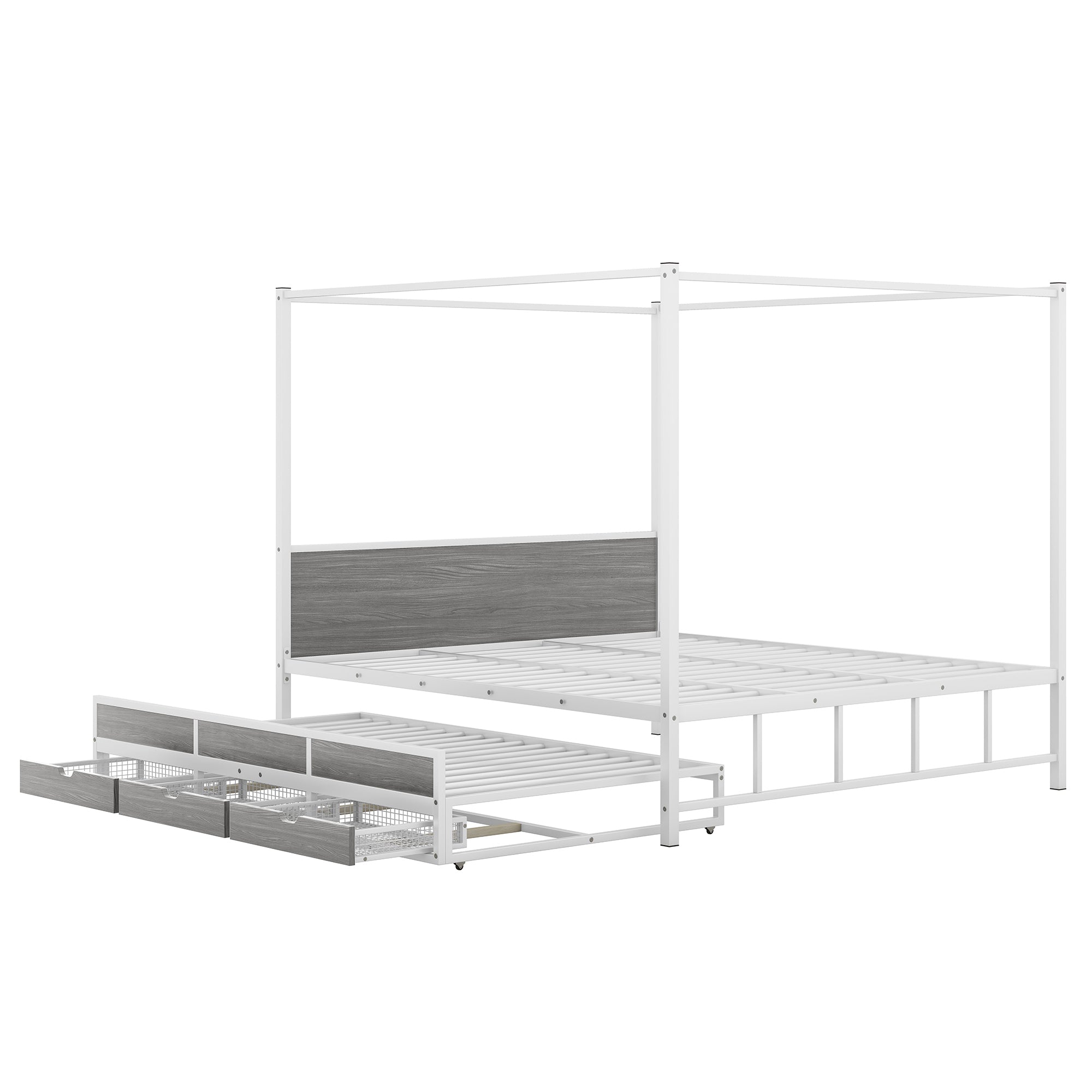 Queen Size Metal Canopy Platform Bed with Twin Size Trundle and 3 Storage Drawers, White - Atlantic Fine Furniture Melbourne FL