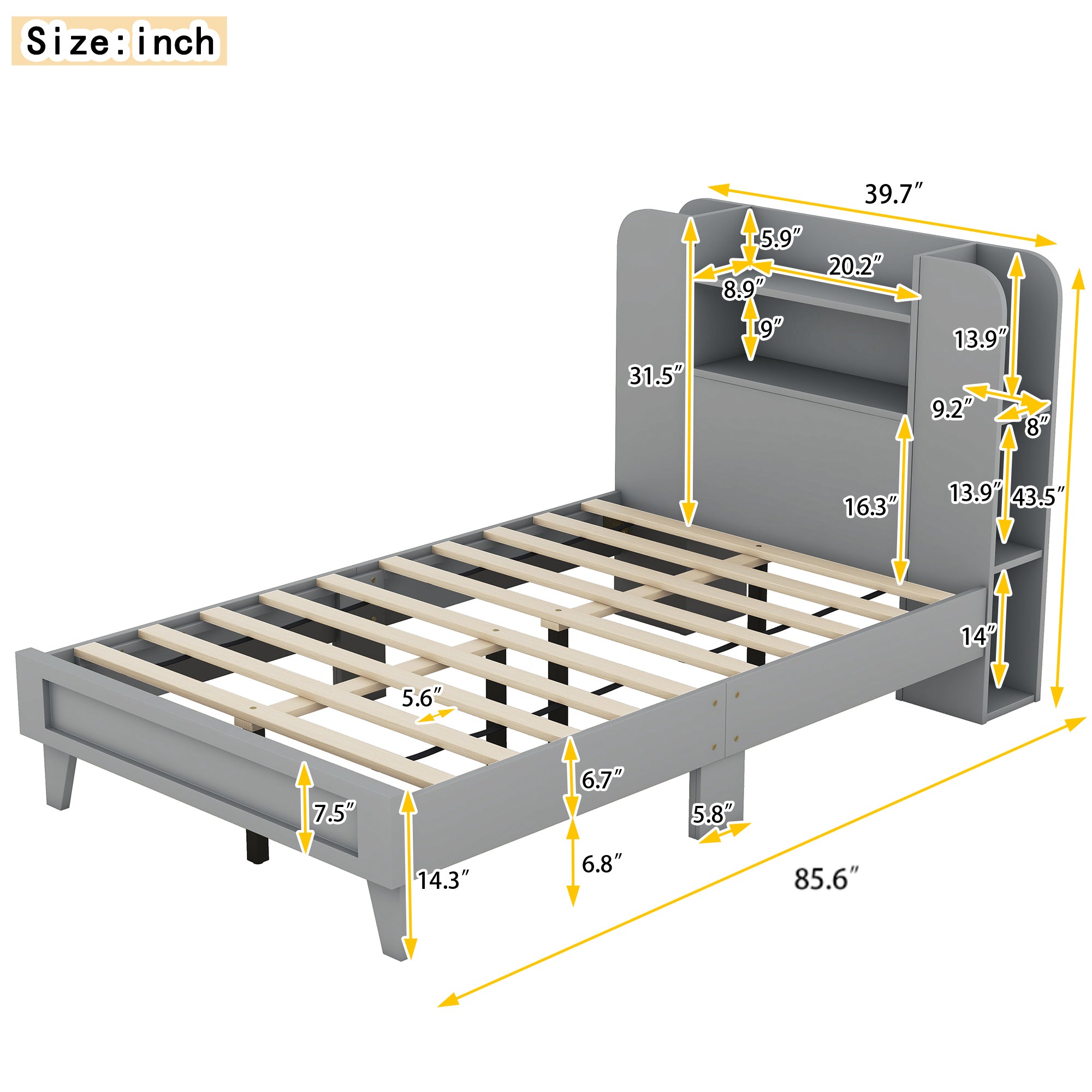Twin Size Platform Bed with Storage Headboard,Multiple Storage Shelves on Both Sides,Grey - Atlantic Fine Furniture Melbourne FL