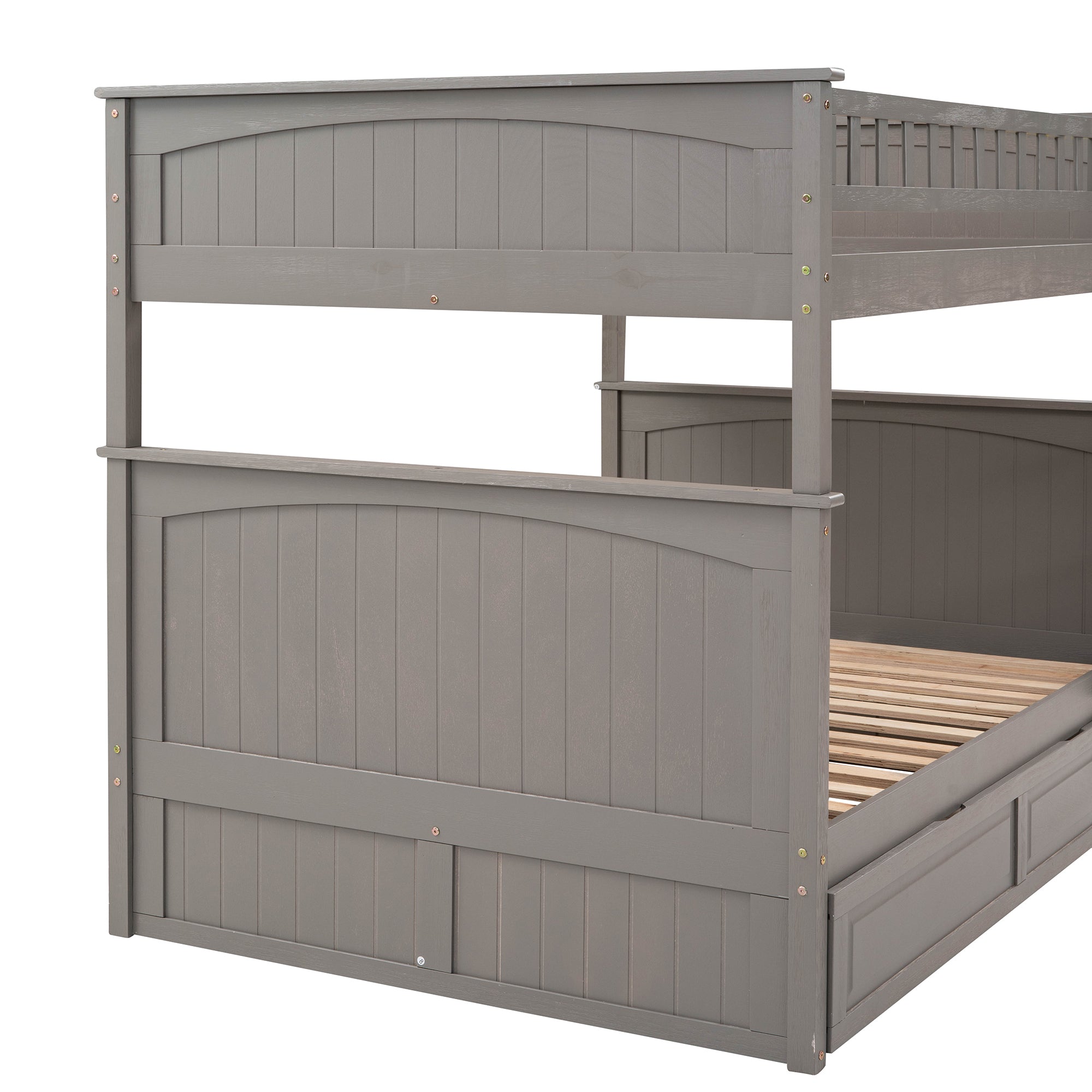 Full Over Full Bunk Bed with Twin Size Trundle, Pine Wood Bunk Bed with Guardrails, Brushed Gray(Old SKU:LP000044AAN)