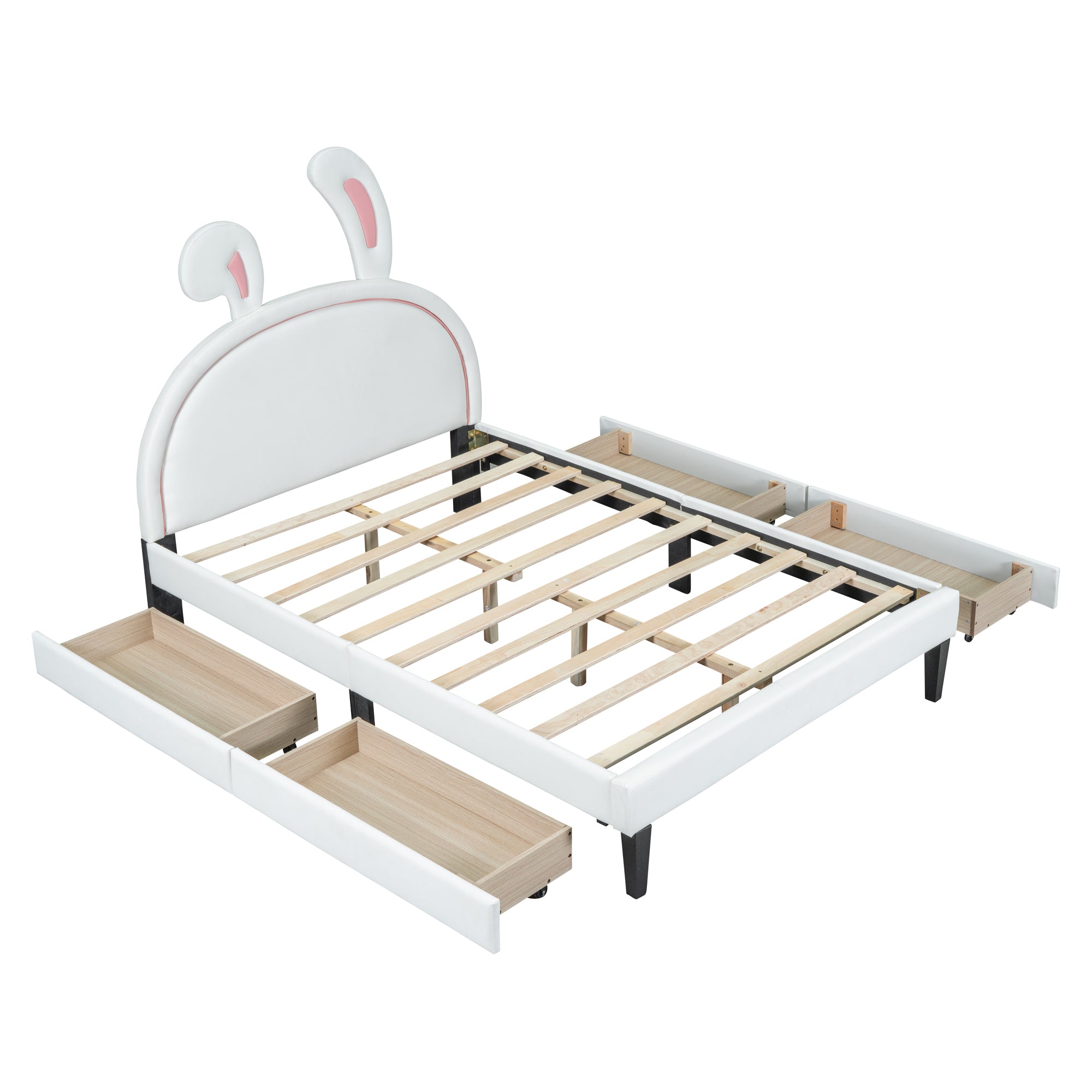 Full Size Upholstered Leather Platform Bed with Rabbit Ornament and 4 Drawers, White - Atlantic Fine Furniture Melbourne FL