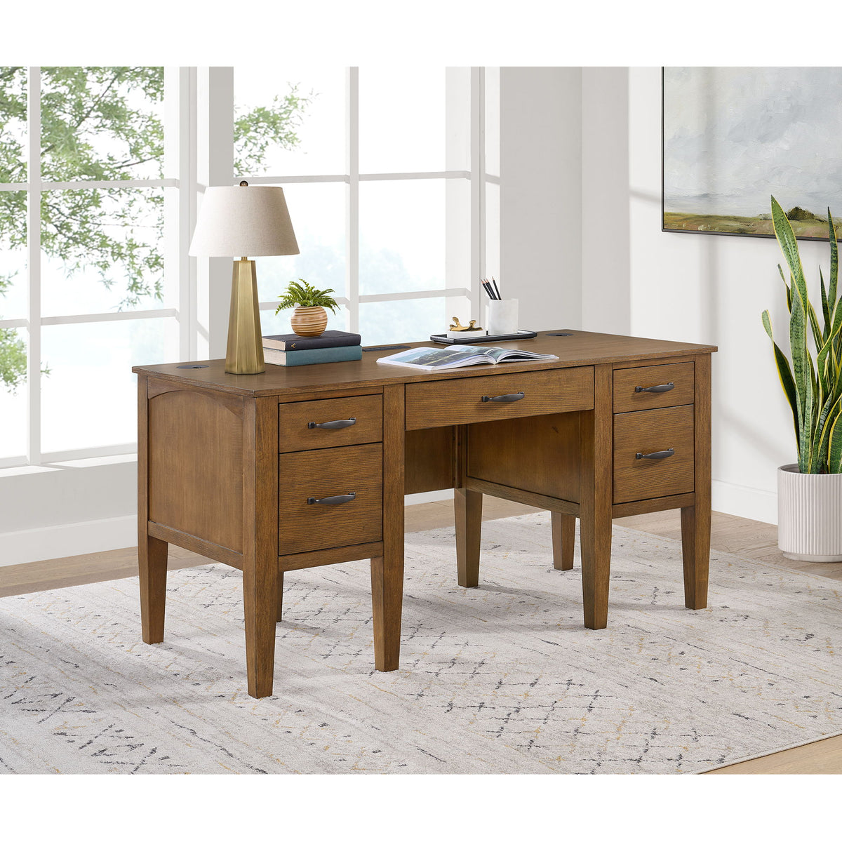 Portico Half Pedestal Desk With Power / USB in Brown Oak by Elements International, view 7