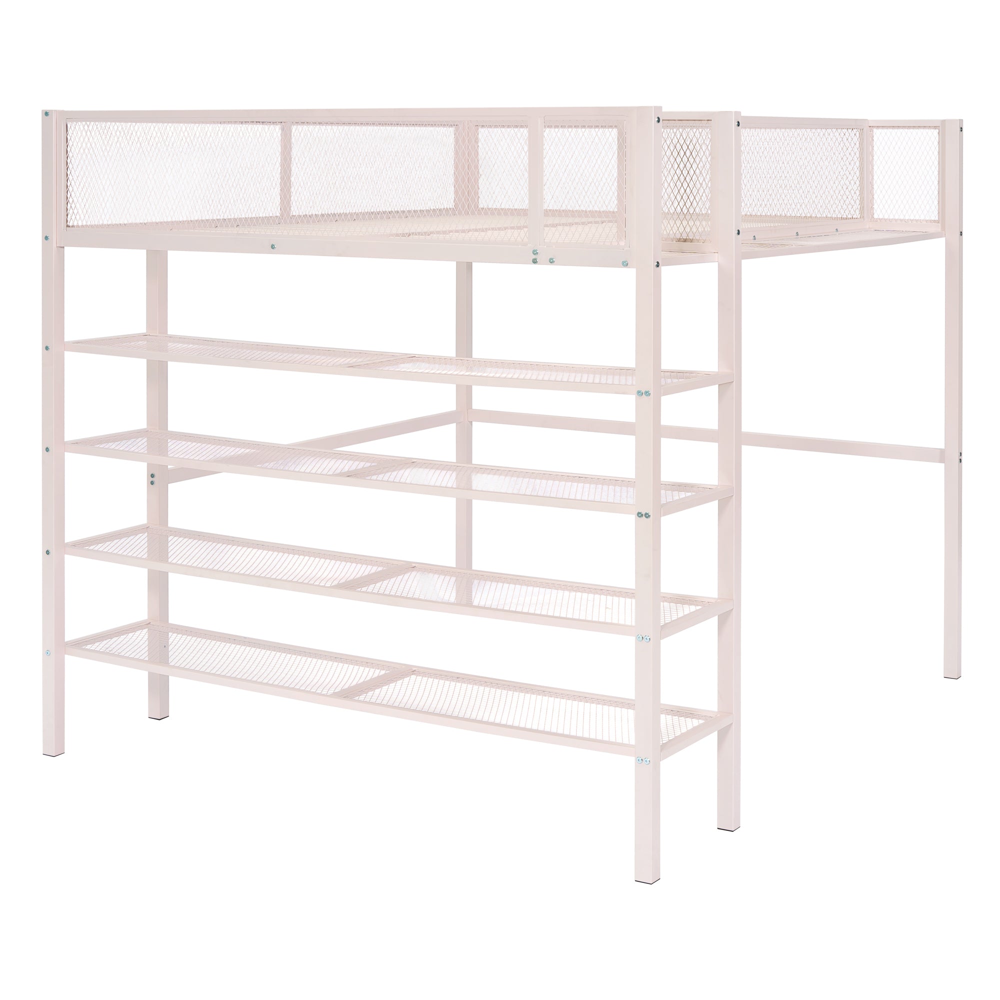 Full Size Metal Loft Bed with 4-Tier Shelves and Storage, Pink - Atlantic Fine Furniture Melbourne FL