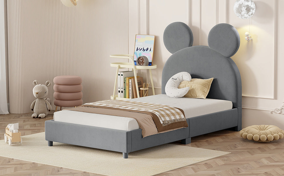 Twin Size Upholstered Platform Bed with Bear Ear Shaped Headboard, Gray - Atlantic Fine Furniture Melbourne FL