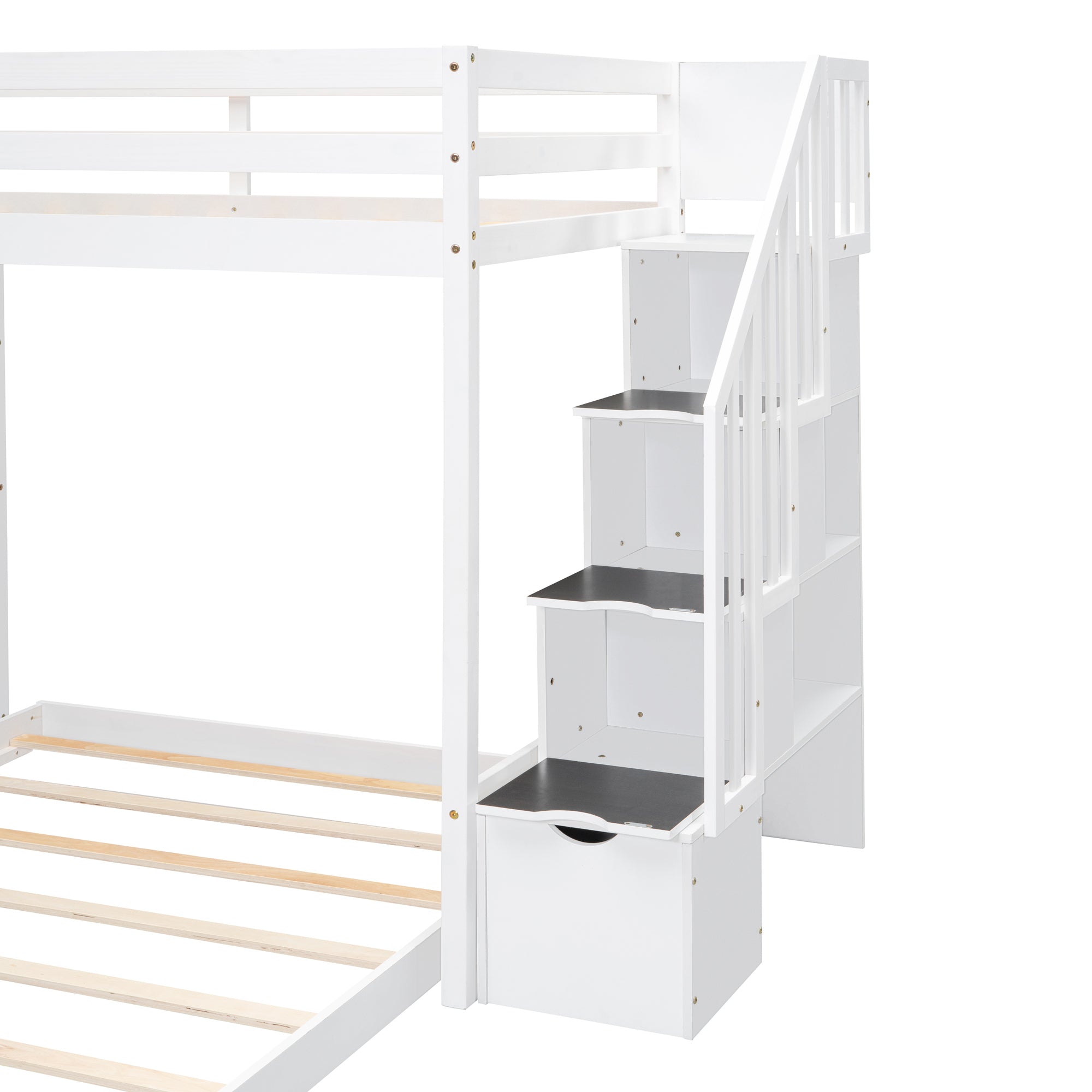 Twin Over Full Bunk Bed with 3-layer Shelves, Drawers and Storage Stairs, White - Atlantic Fine Furniture Melbourne FL