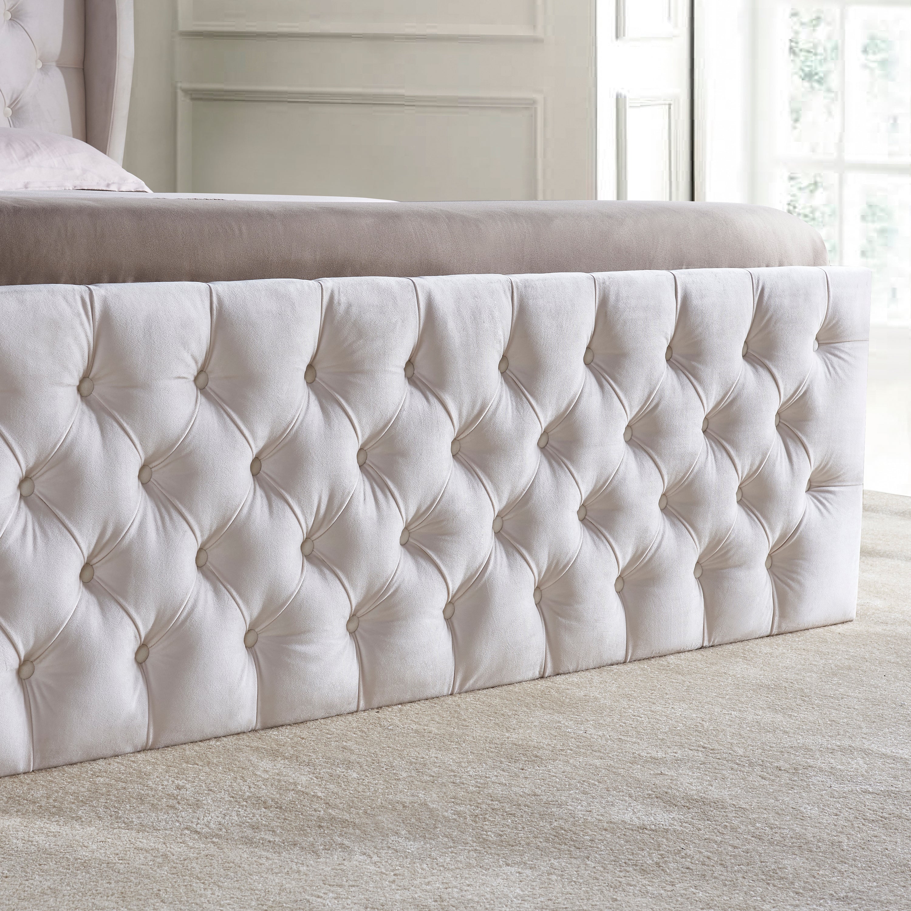 King Size Platform Bed Frame, Velvet Upholstered Sleigh Bed with Scroll Wingback Headboard & Footboard/Button Tufted/No Box Spring Required/Easy Assembly-White - Atlantic Fine Furniture Melbourne FL