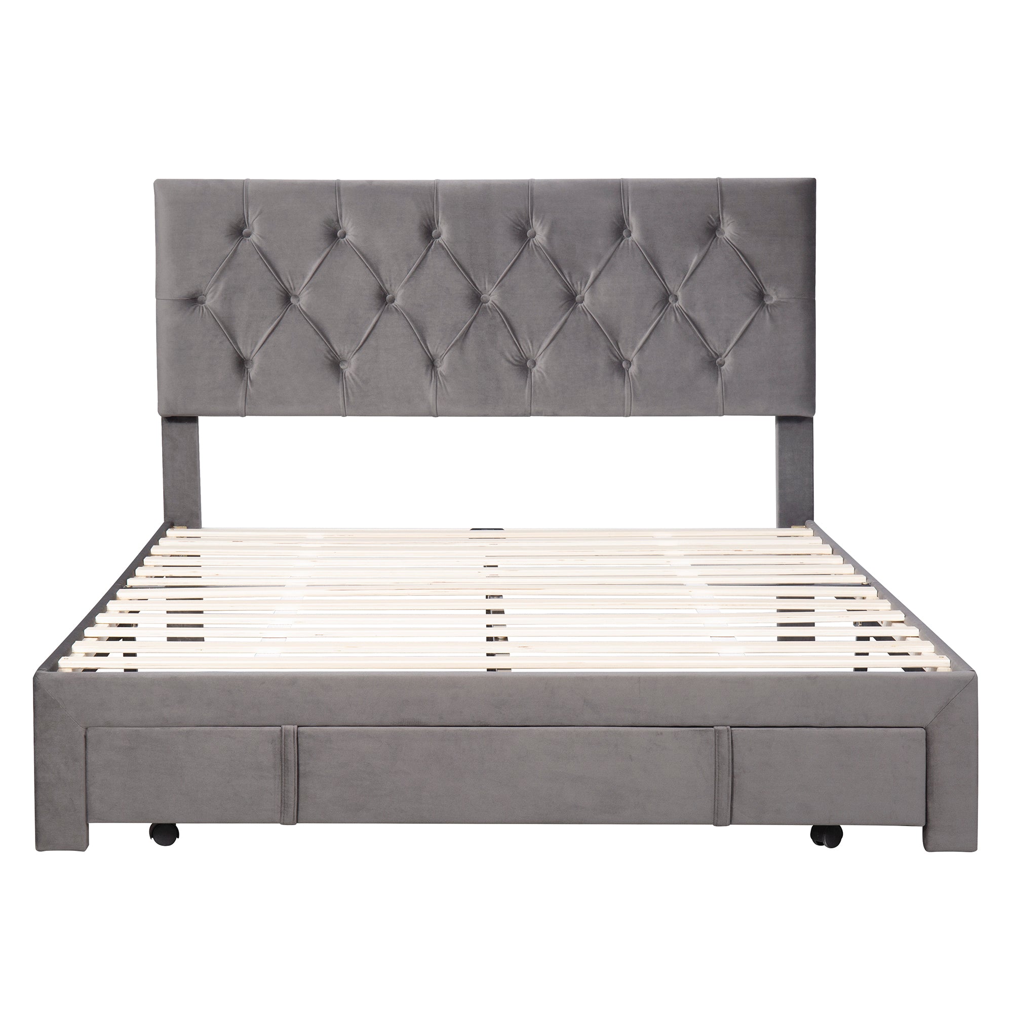 Queen Size Storage Bed Velvet Upholstered Platform Bed with a Big Drawer - Grey - Atlantic Fine Furniture Melbourne FL