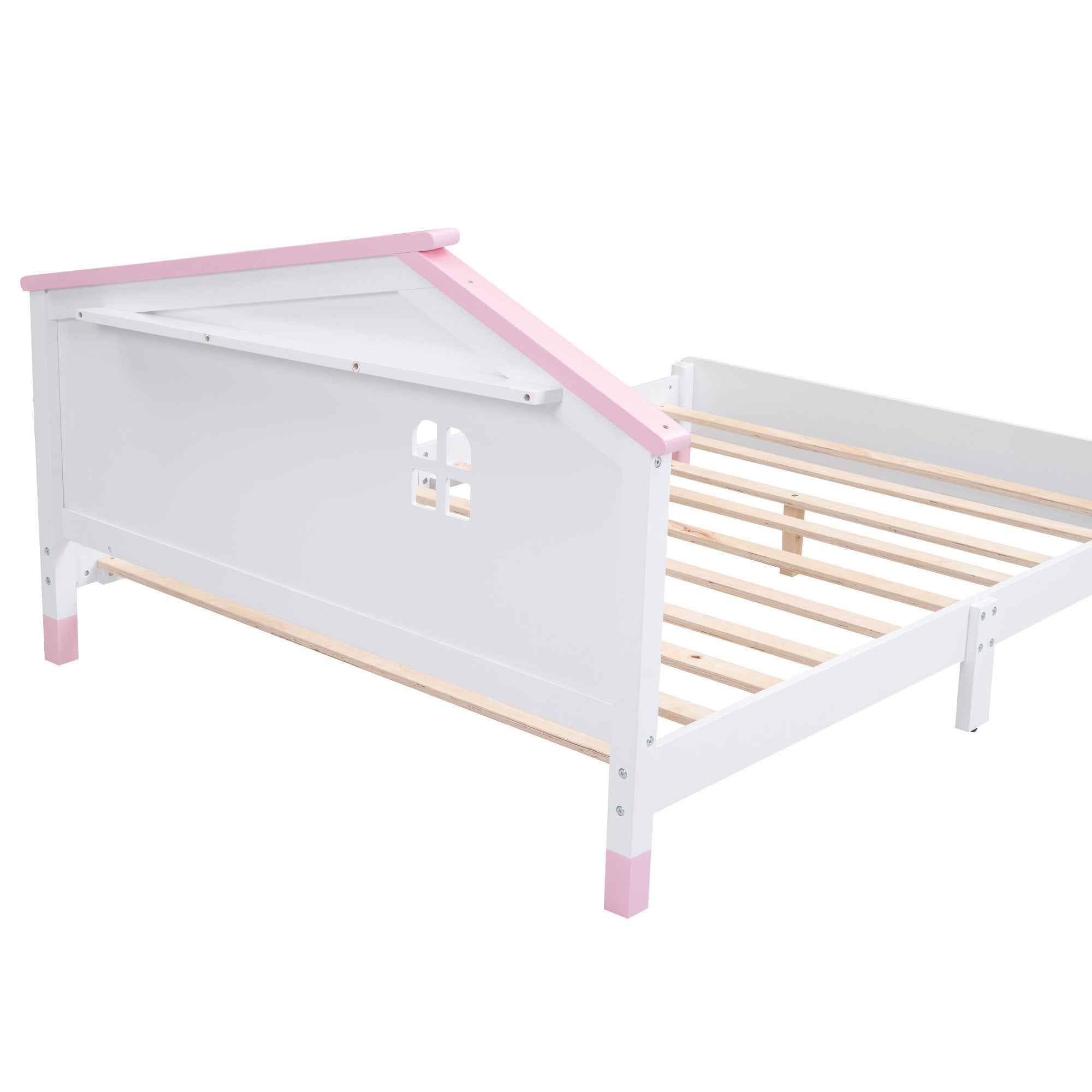 Full Size Wood Platform Bed with House-shaped Headboard (White+Pink)