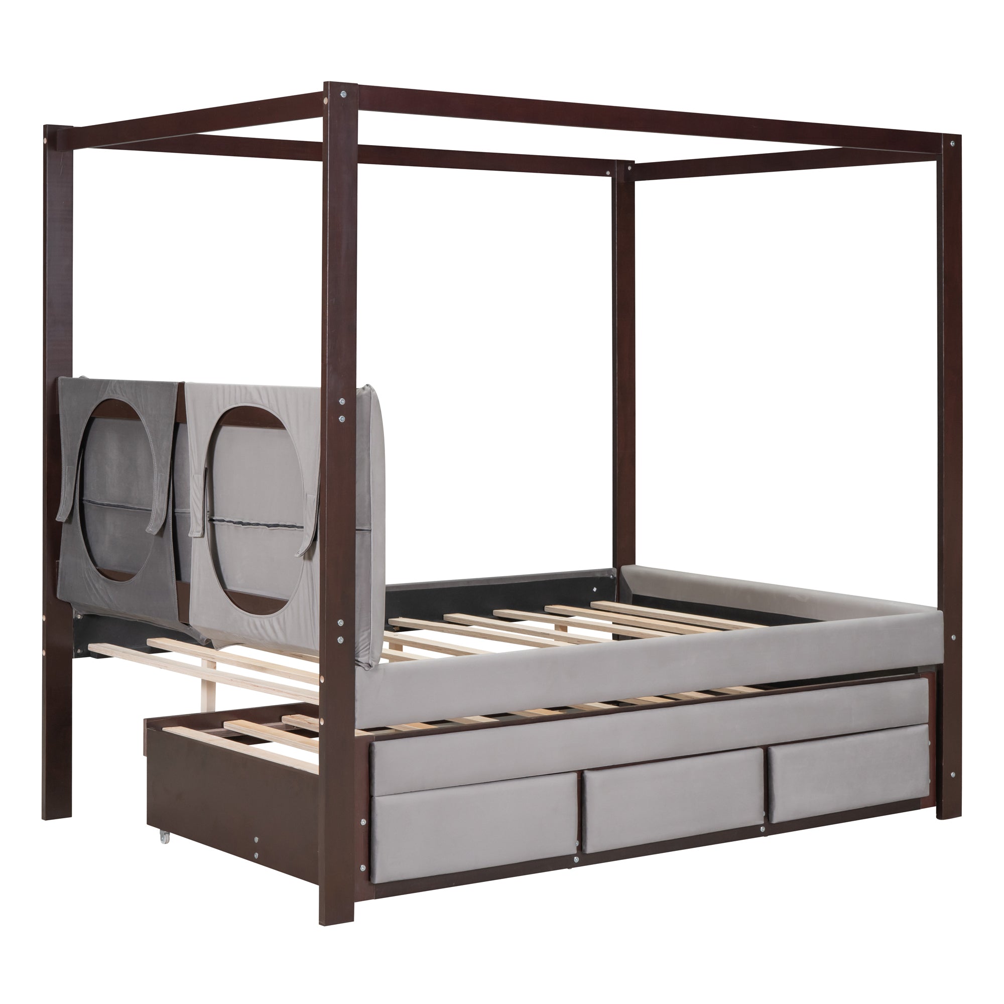 Full Size Upholstered Canopy Bed with Trundle and 3 Drawers, Gray - Atlantic Fine Furniture Melbourne FL
