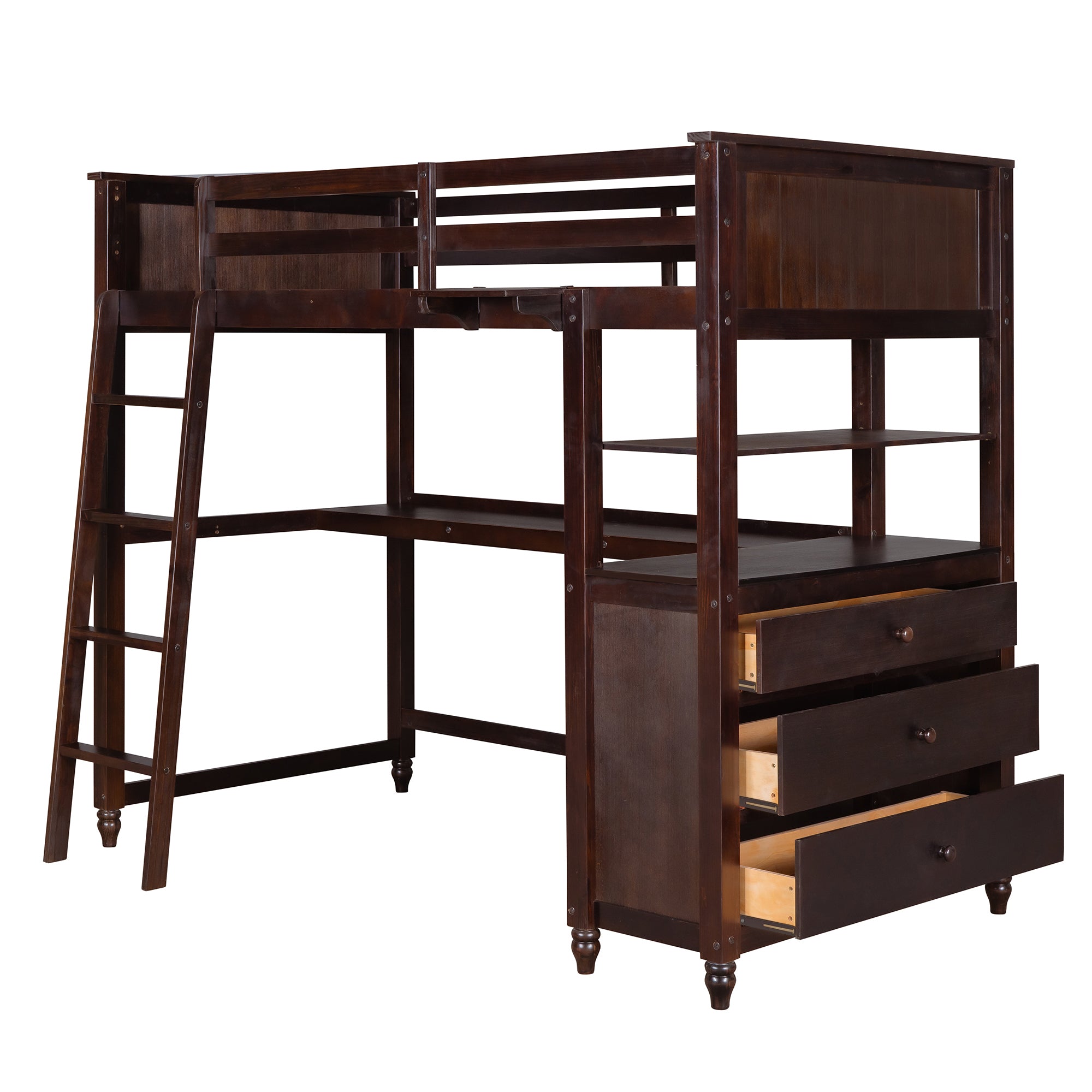 Twin size Loft Bed with Drawers and Desk, Wooden Loft Bed with Shelves - Espresso(OLD SKU: LT001530AAP) - Atlantic Fine Furniture Melbourne FL